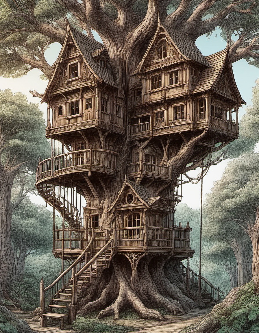 line art illustration a treehouse with many floors and rooms connected by stairwells and rope ladders and pulley-system li...