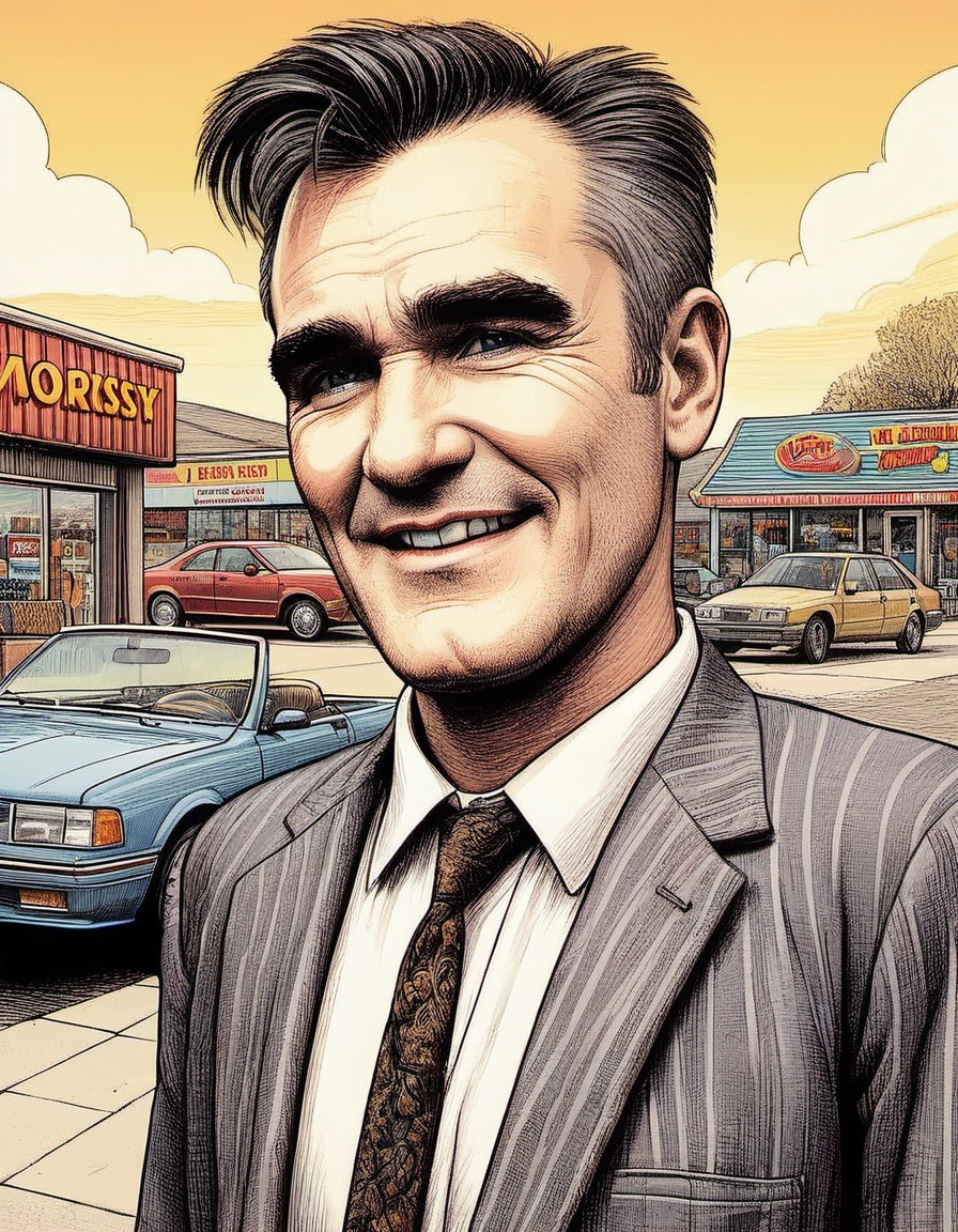 Morrissey as a used car salesman charming Morrissey enjoys his job and gets excited about trunk space on a sunny day cheer...