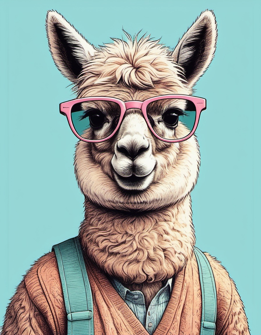 a hipster alpaca with sunglasses magazine cover photography this guy is so pretentious! line art illustration pastel color...
