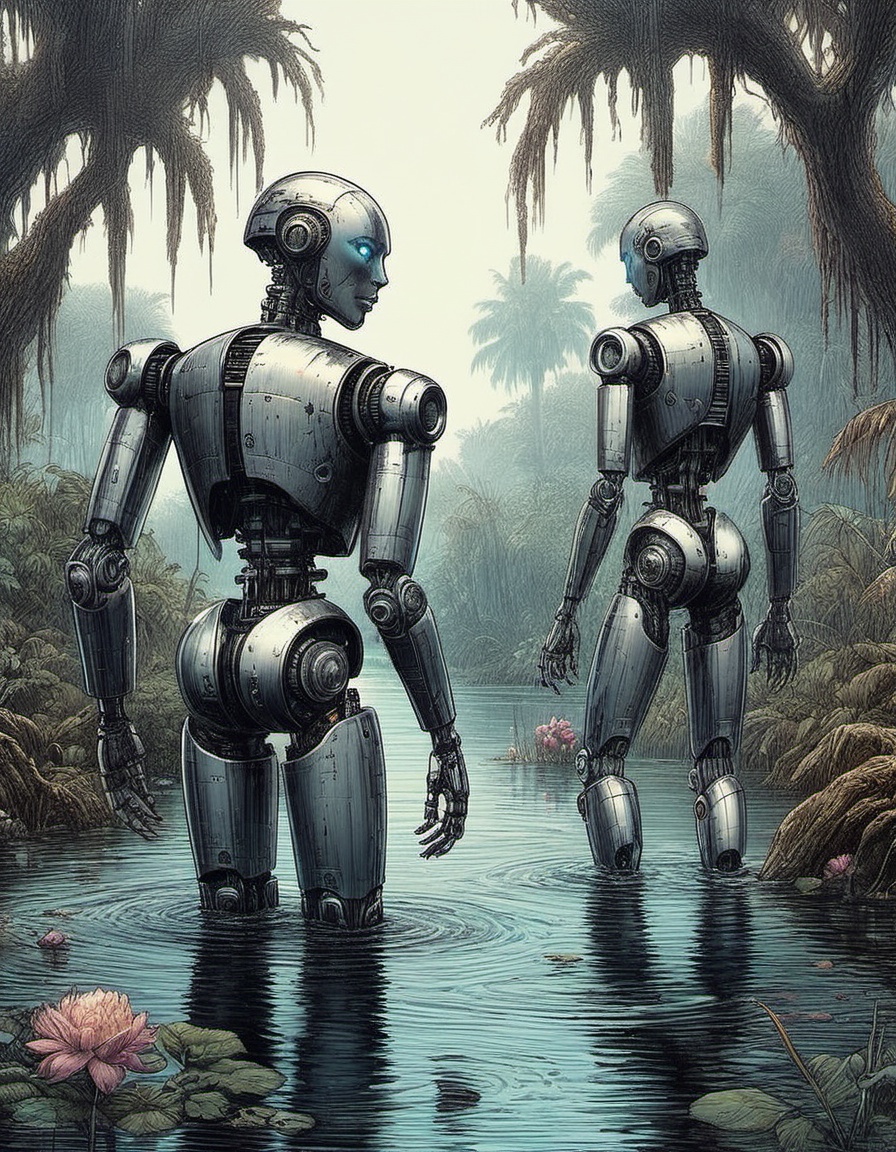 robots wade deeply submerged in the swamps of Florida silver onyx and brass baroque engineering styled androids in water b...