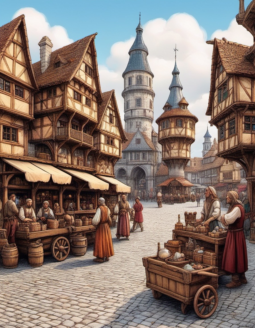 medieval style town square with merchant shops and merchant carts bustling square with people in exotic costume beautiful...
