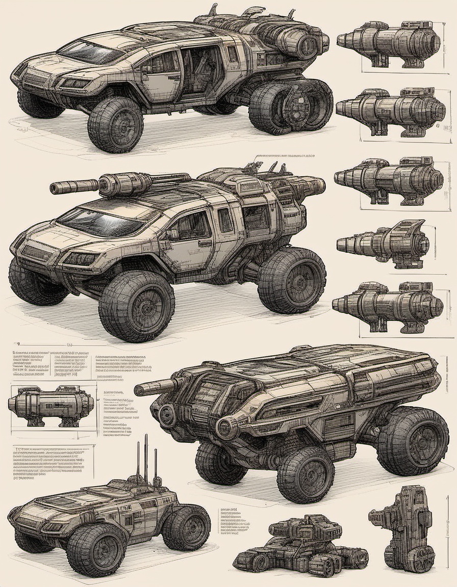sketch art of a rugged all-terrain sci-fi battle and scientific research wheeled vehicle modular complex outfitted with ma...