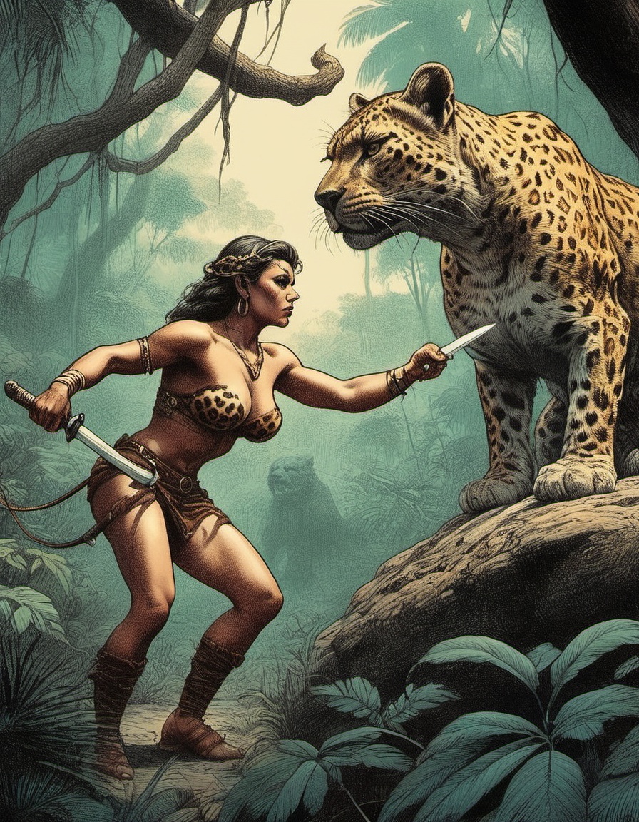 illustration of a beautiful curvy stone-age woman getting ready to fight a crouching leopard in a hazy jungle inspired by...