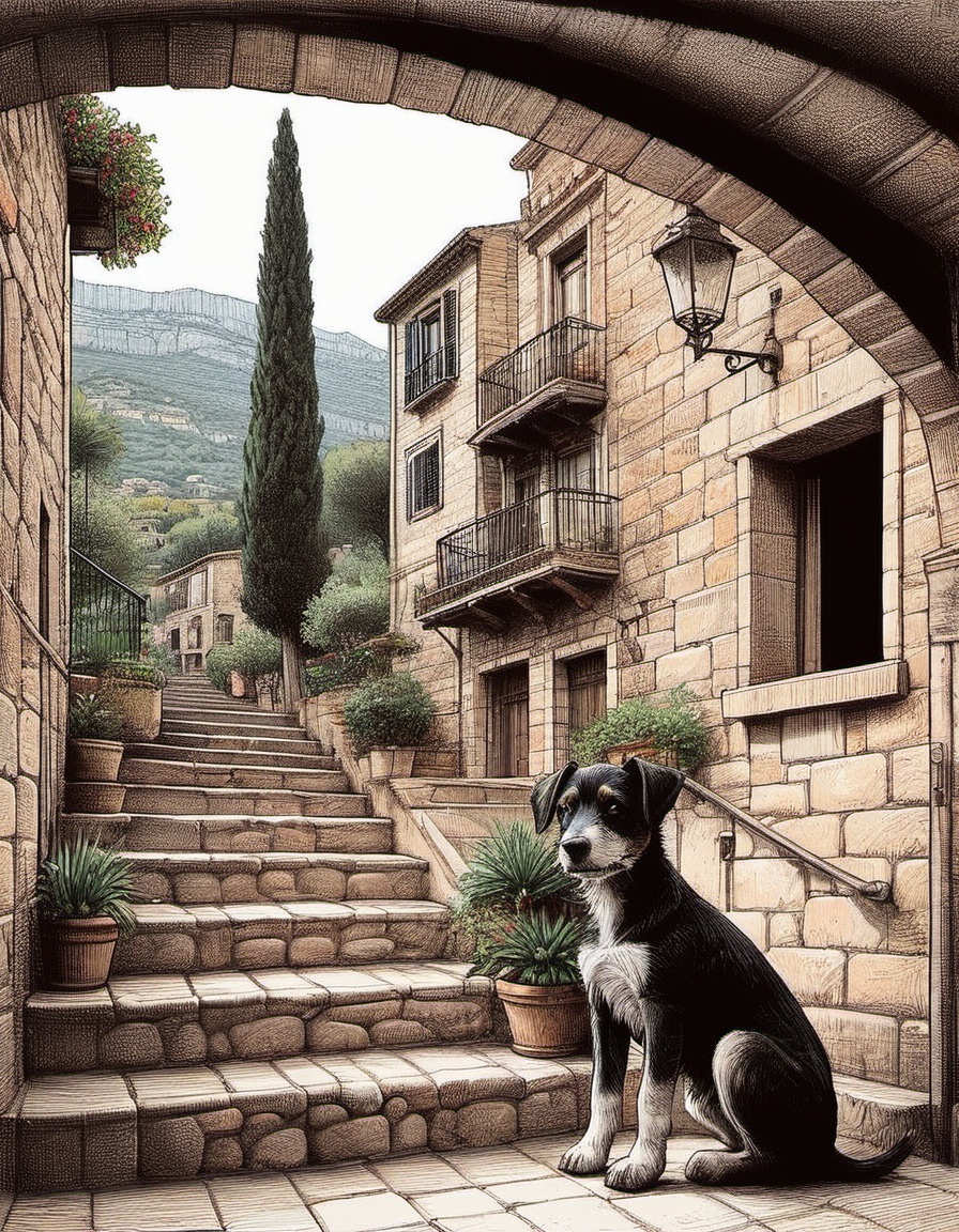 a staircase in valldemossa with a lone single cute puppy dog ink art illustration on Tensor.Art