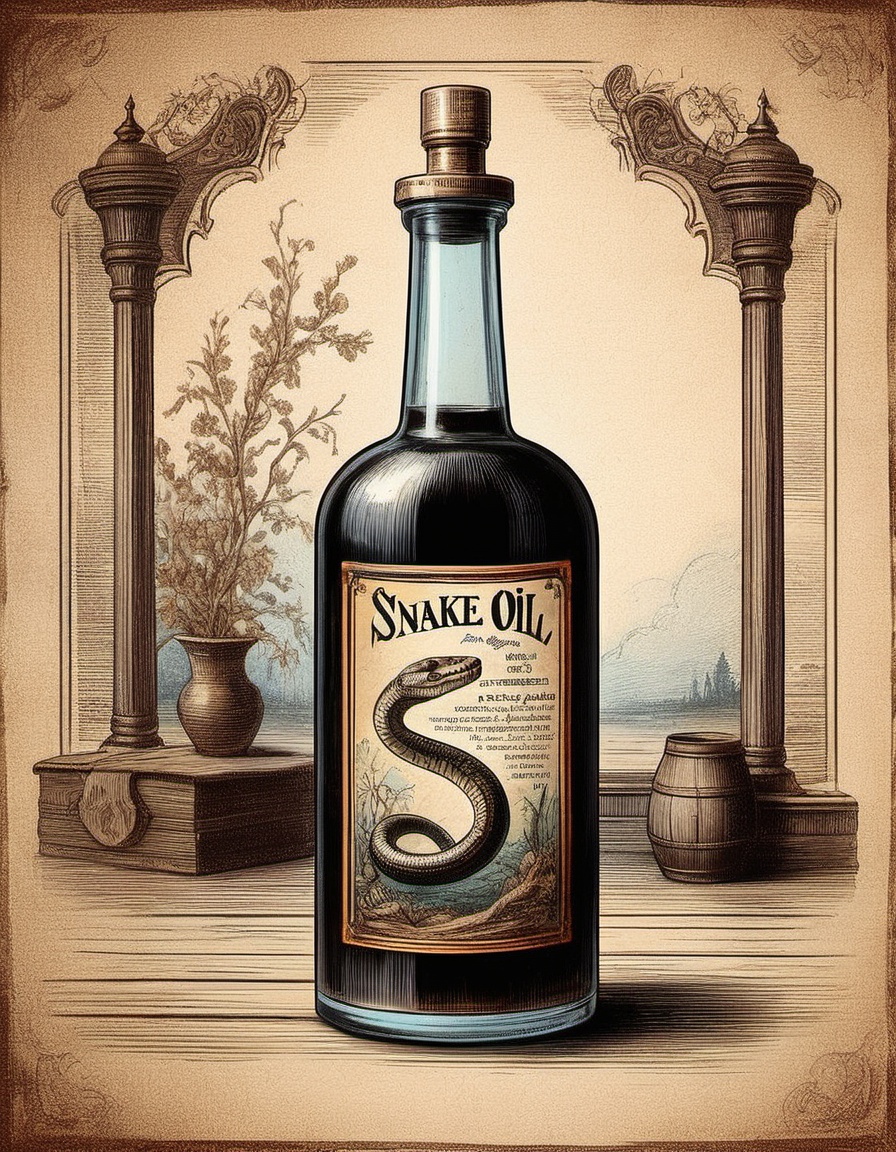 product photography snake oil from from 1890s old relic faded elaborate parchment label colored bottle with dark liquid ri...