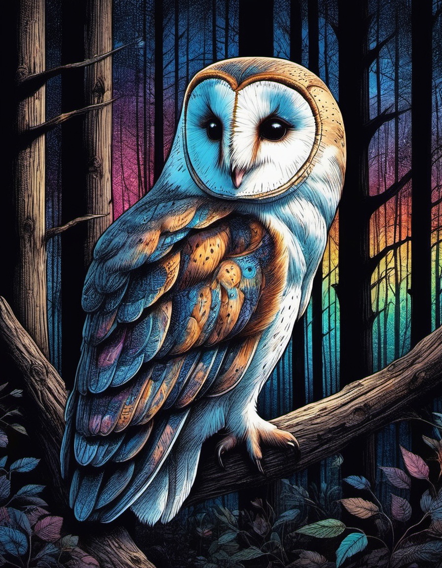 a barn owl emerging from the shadows of a nighttime forest ink art colorful on Tensor.Art