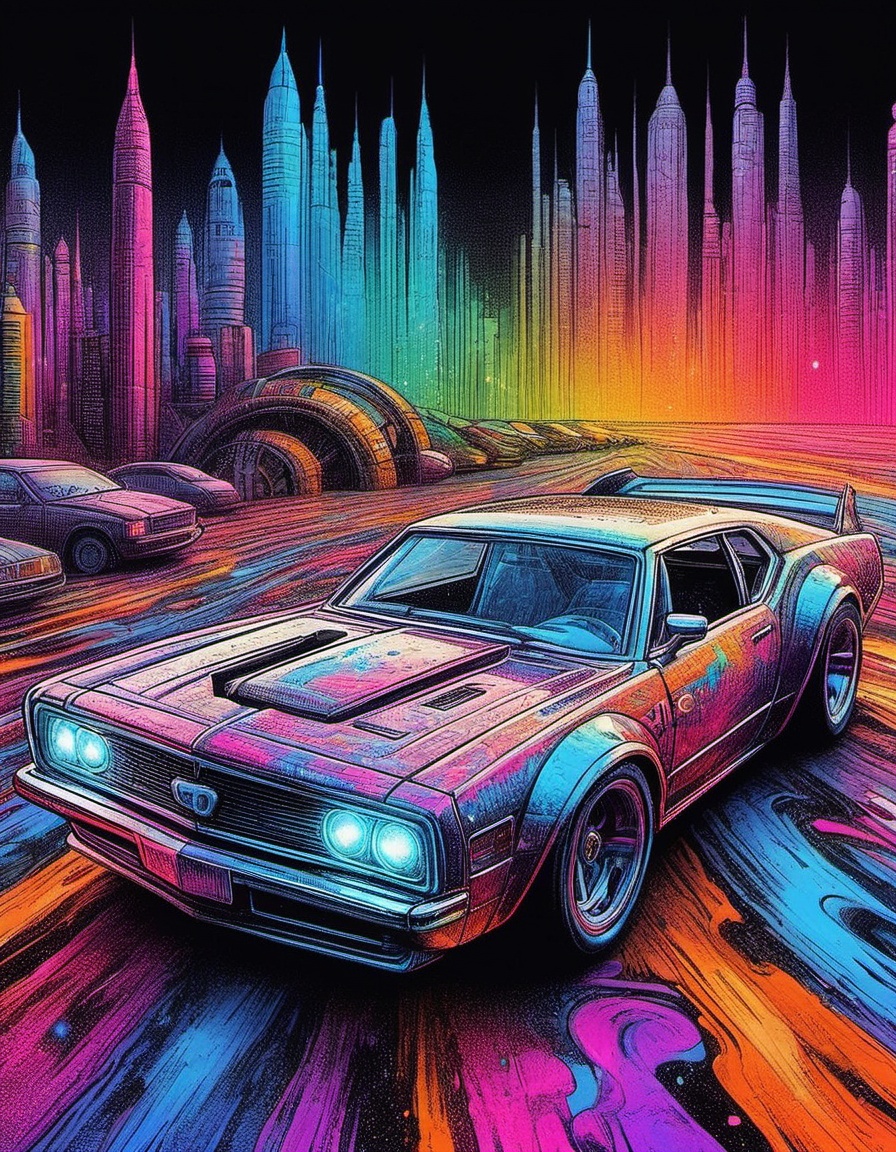 from a macro photo of a retro futuristic hotwheels car prime paint work with infused glitter colorshift paint colorful pla...