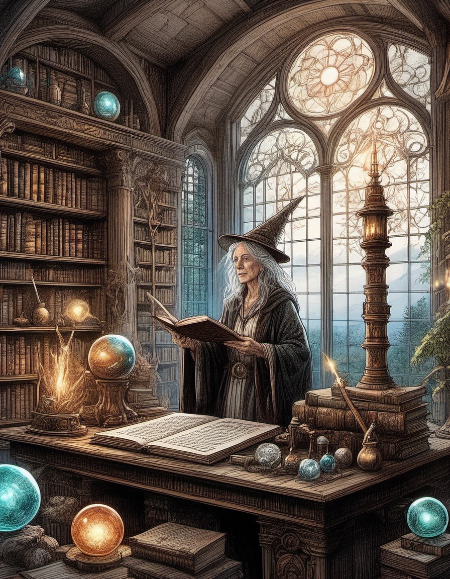 older female wizard in a study on the top floor of a white marble tower with large windows above treetops of a wild old fo...