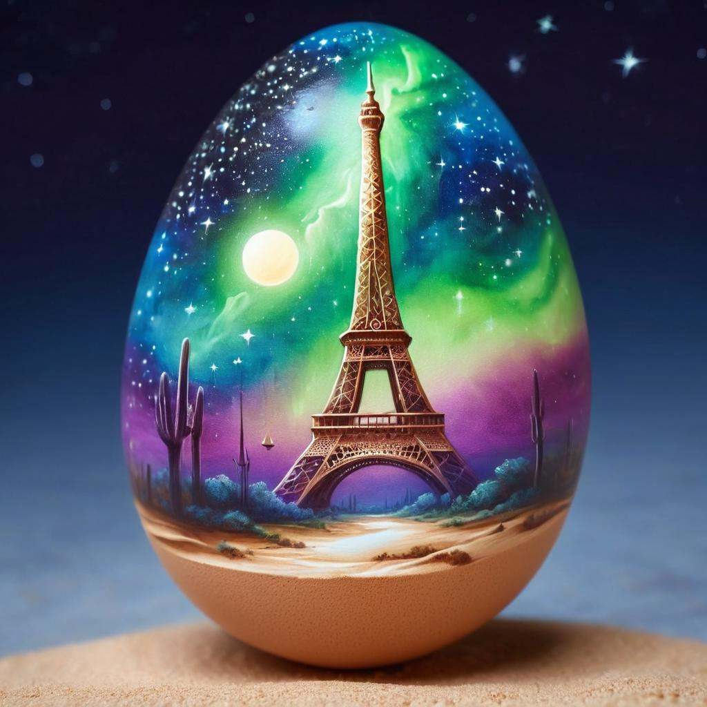 egg,  a tower eiffel in sahara desert,  perfect night view on Tensor.Art