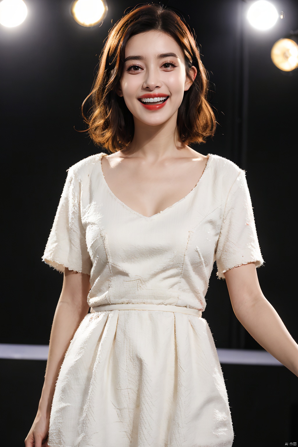 PHOTOREALISTIC REALISTIC,masterpiece,best quality,highres,ultra detailed,8k,1woman,dress,makeup,lipstick,smile,teeth,open mouth,looking at viewer,cowboy shot,stage,stage light,