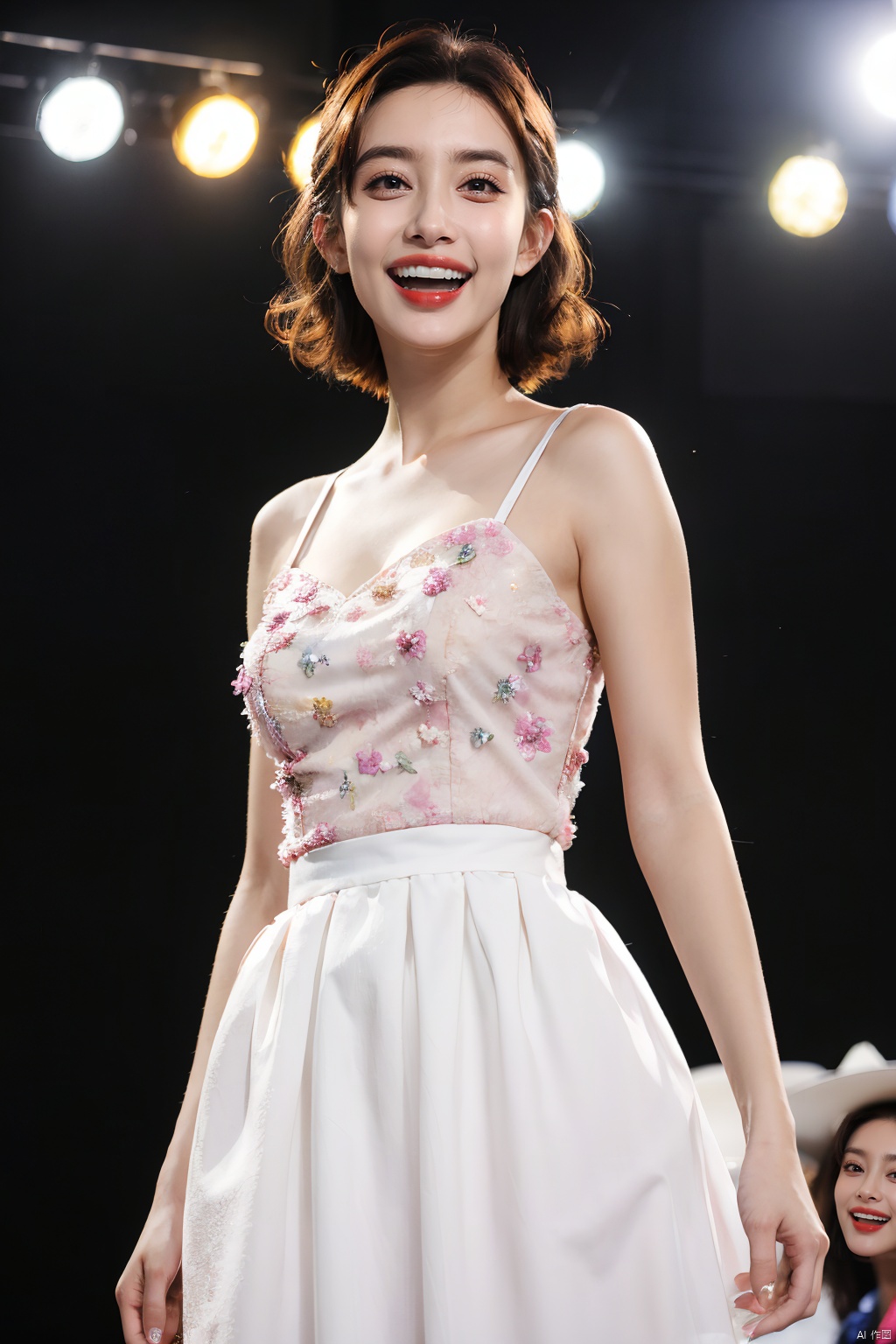 PHOTOREALISTIC REALISTIC,masterpiece,best quality,highres,ultra detailed,8k,1woman,dress,makeup,lipstick,smile,teeth,open mouth,looking at viewer,cowboy shot,stage,stage light,