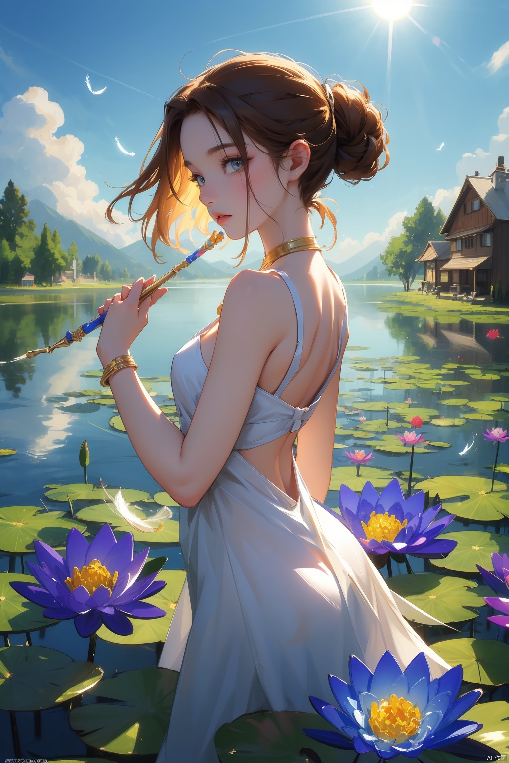 (extremely detailed CG unity 8k wallpaper),(((masterpiece))), (((best quality))), ((ultra-detailed)), (best illustration),(best shadow), ((an extremely delicate and beautiful)),dynamic angle, close-up of a small house by the lake, beautiful sunny summer day, water lilies in the lake blooming, lush plants, sunlight shining through the white clouds, bold colors, fairy tale, fantasy,wind,classic, (detailed light),feather, nature, (sunlight),beautiful and delicate water,(painting),(sketch),(bloom),(shine), high resolution, high contrast ratio, high detail, high texture, texture surreal high quality figure, ultra high quality, golden ratio