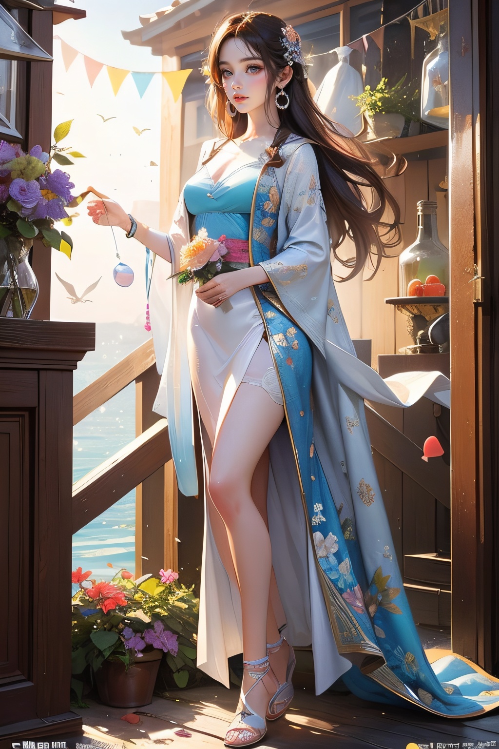 masterpiece,best quality,ultra-detailed,photorealistic,realistic,photography,over the sea,flower,balloon,full body,,