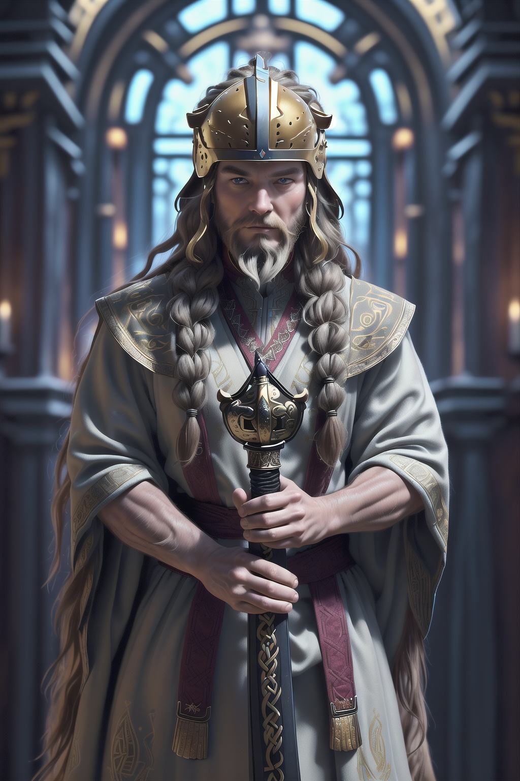 A regal humanoid puma,  adorned in King Harald Fairhair's attire,  stands tall with long brownish dreadlocks cascading. In...
