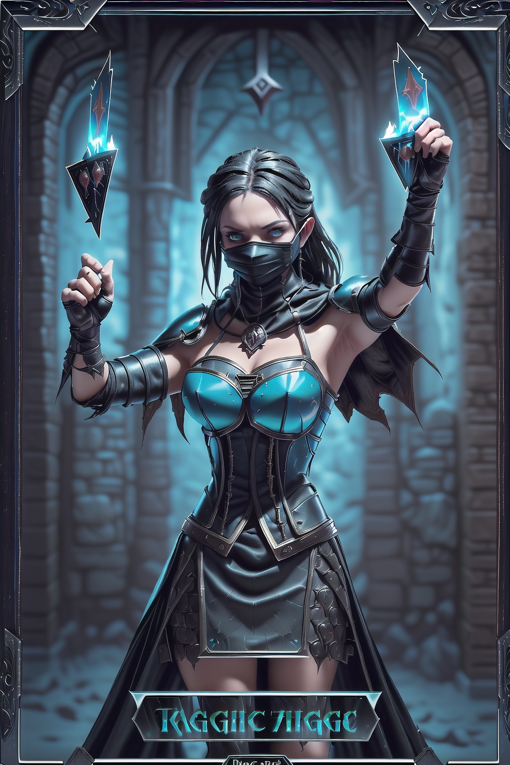 A rogue with a mask,  cape and daggers and a ceremonial leather armour inside a dungeon ready to attack,  coming forward t...