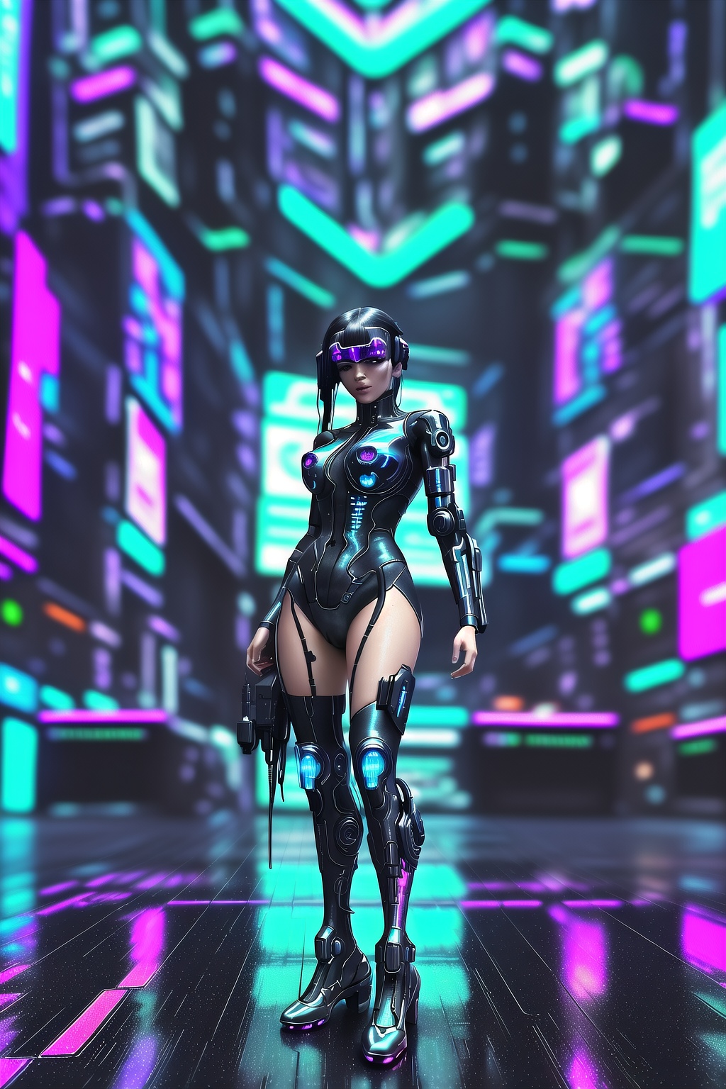 Illustration of a cyberpunk suit woman in a virtual reality setting,  surrounded by holographic code,  futuristic UI on Te...