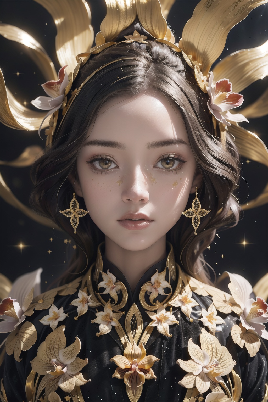 Orchid,  photo RAW,  (Black and gold : Portrait of aaan orchids on Tensor.Art