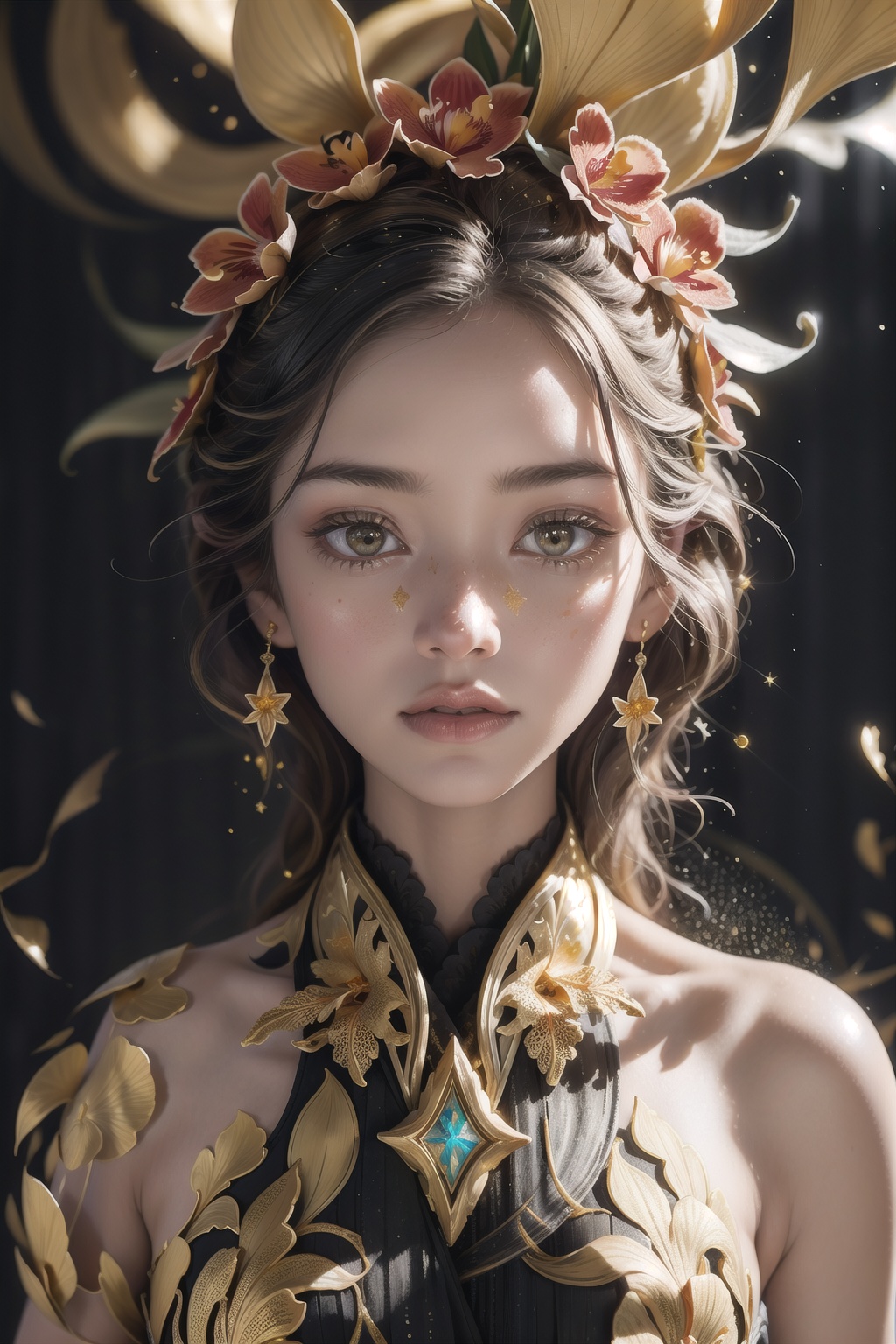 Orchid,  photo RAW,  (Black and gold : Portrait of aaan orchids on Tensor.Art