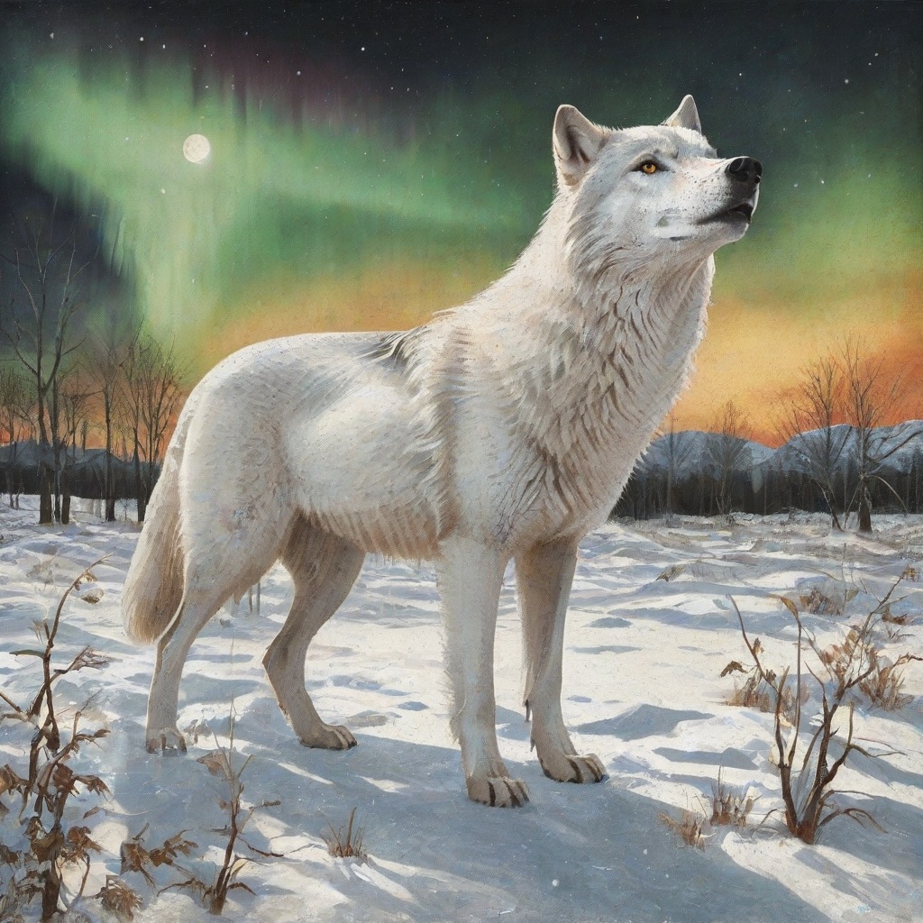 a white-wolf in the winter field ,  wondrous environment ,  beautiful auroras on Tensor.Art