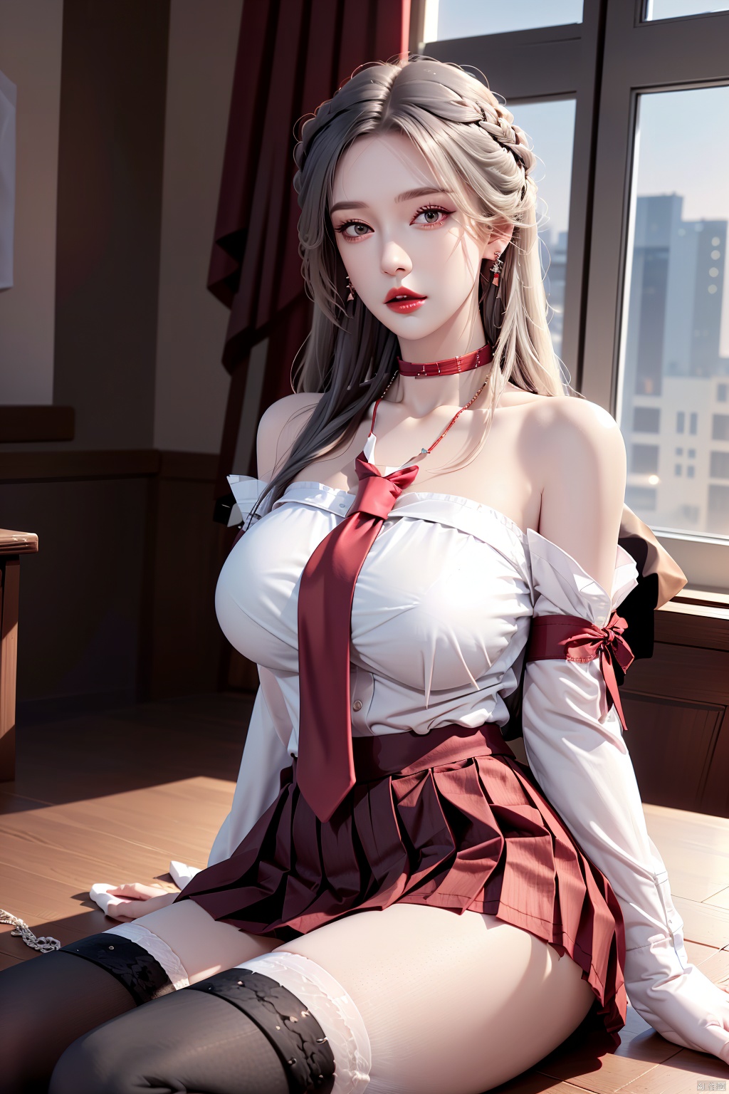 1girl, thighhighs, solo, jewelry, skirt, breasts, necklace, earrings, necktie, sitting, looking at viewer, shirt, large breasts, red lips, choker, black thighhighs, pleated skirt, red skirt, shirt tucked in, bare shoulders, parted lips, white shirt, red necktie, detached sleeves, indoors