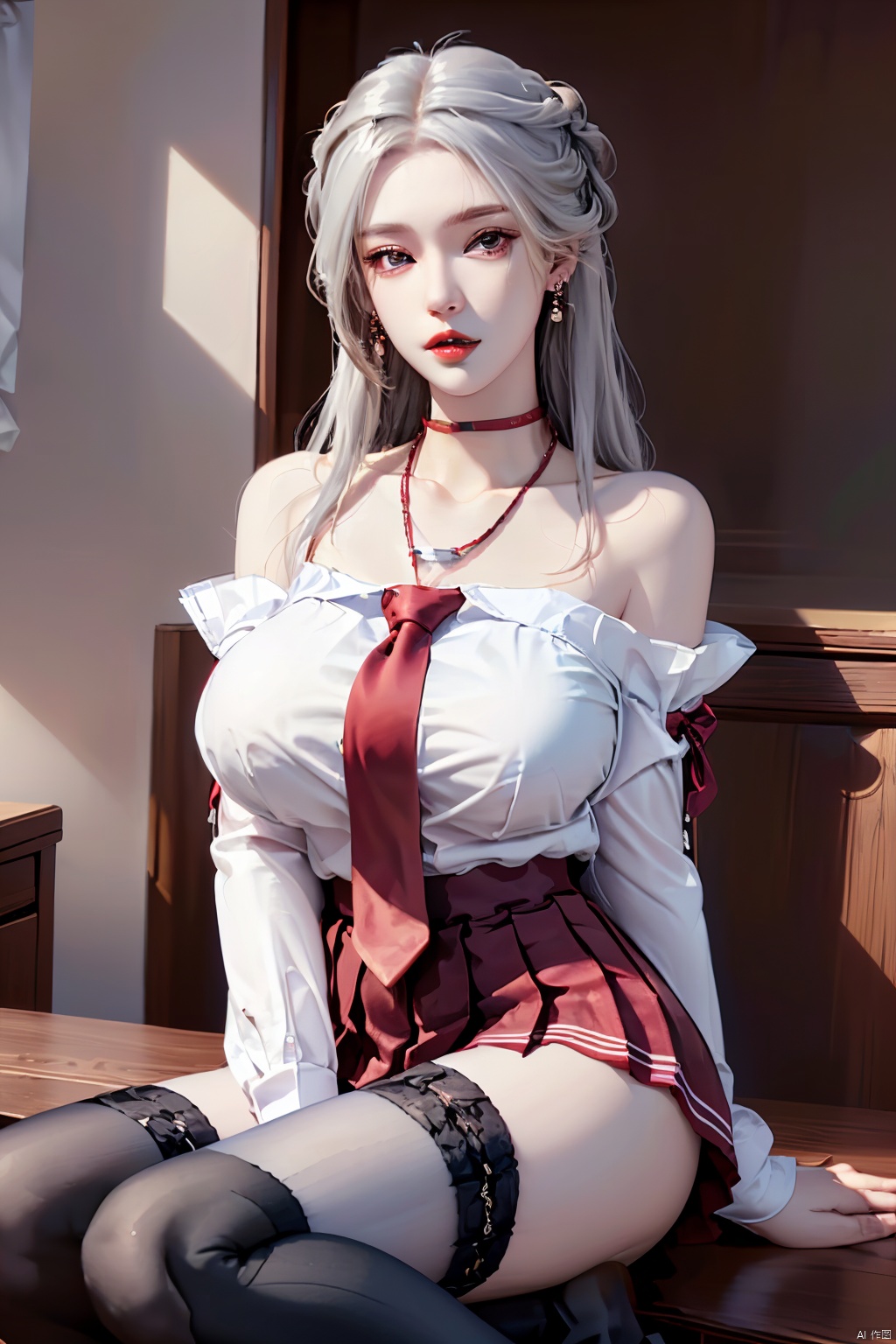  1girl, thighhighs, solo, jewelry, skirt, breasts, necklace, earrings, necktie, sitting, looking at viewer, shirt, large breasts, red lips, choker, black thighhighs, pleated skirt, red skirt, shirt tucked in, bare shoulders, parted lips, white shirt, red necktie, detached sleeves, indoors