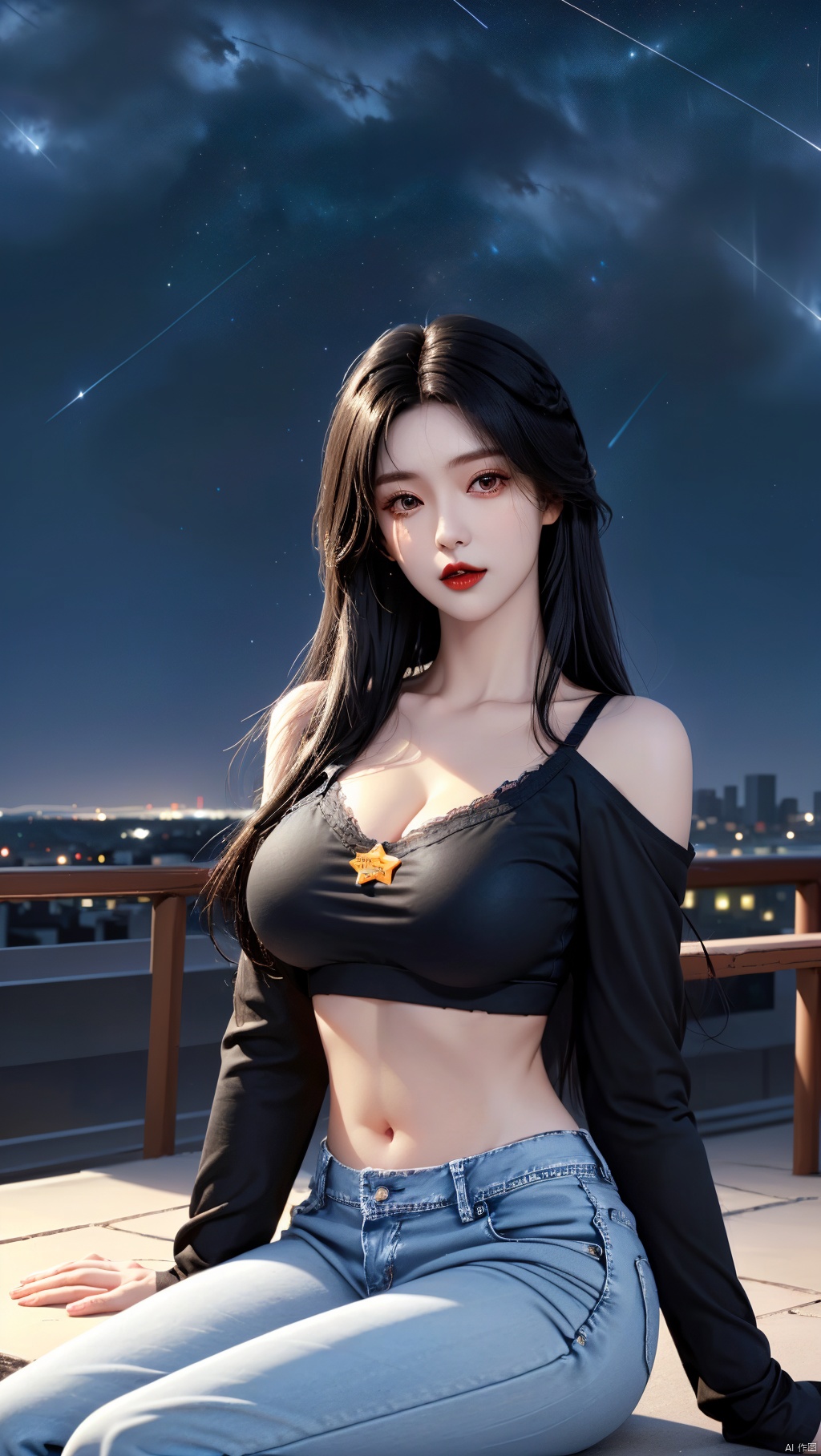 1girl, jiangli, breasts, denim, black hair, solo, pants, jeans, looking at viewer, navel, night, long hair, large breasts, red lips, sky, black bra, bra, outdoors, cleavage, sitting, midriff, makeup, night sky, underwear, brown eyes, arm support, lipstick, star \(sky\), city lights, starry sky, bare shoulders, long sleeves, mole