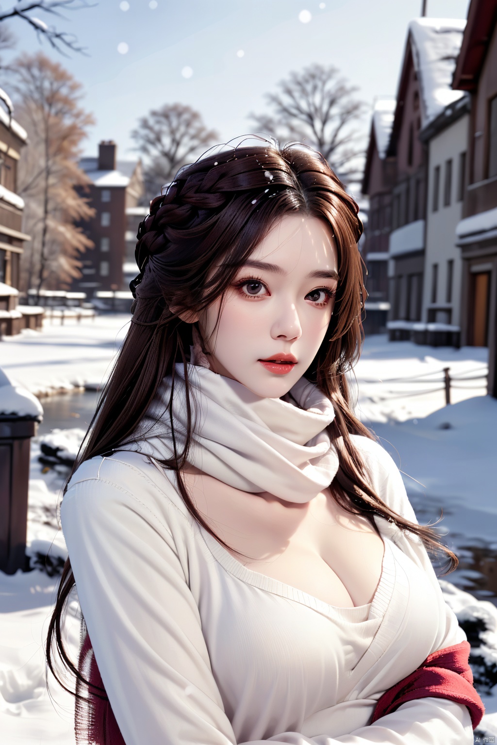  1girl, lier, scarf, red scarf, looking at viewer, brown hair, breasts, outdoors, brown eyes, long hair, crown, arm up, cleavage, solo focus, lips, day, realistic, upper body, forehead, striped, snow, closed mouth, medium breasts, lier