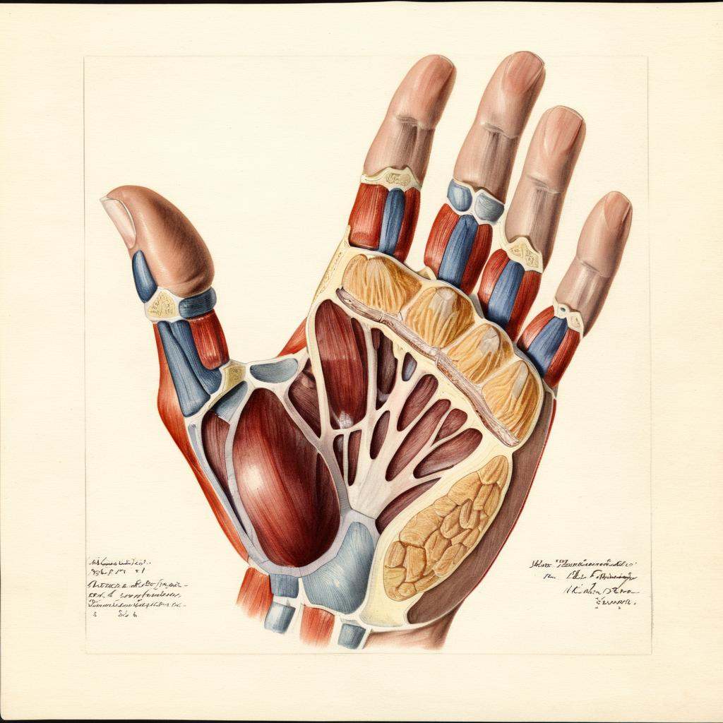 illustrative drawing of a ANATOMY OF A human hand,  half,  pomological watercolor on Tensor.Art