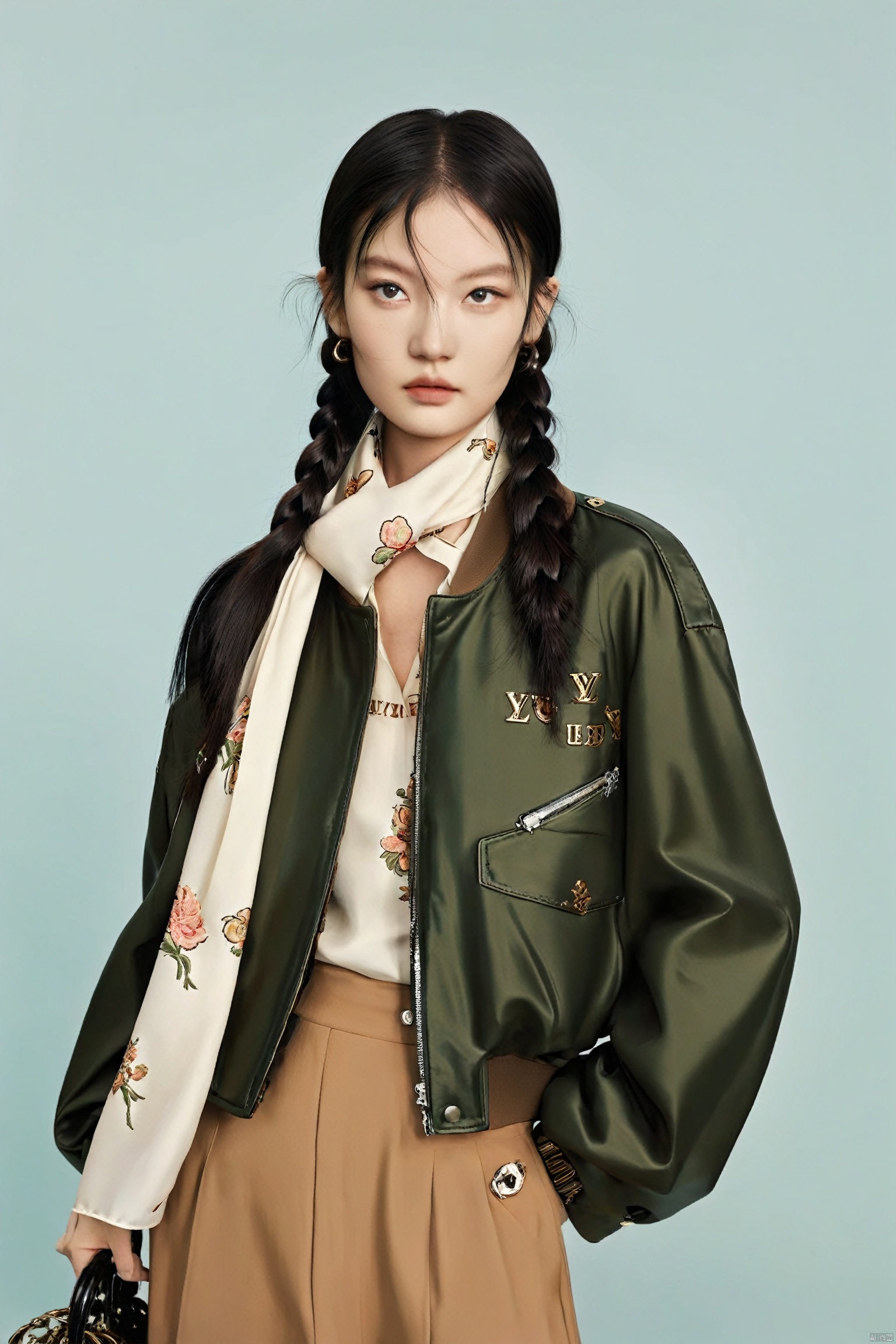  An edgy of a model with sleek ebony twin drill pigtails, kohl-rimmed aquamarine eyes staring intensely, dressed in a black Louis Vuitton motorcycle jacket with embroidered floral accents and silk scarf. Three-point lighting pops against the muted olive background, revealing fashion forward styling and lavish fabric textures.Chinese,cowboy_shot,lyf, liuyifei