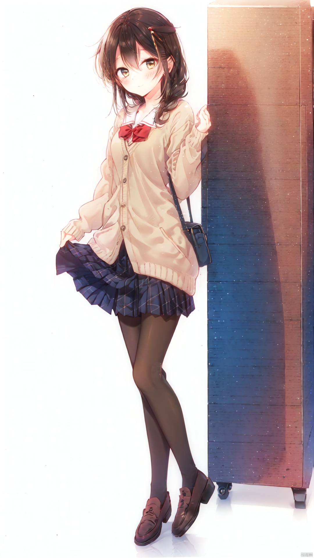  1girl, solo, pantyhose, skirt, long hair, loafers, shoes, simple background, school uniform, brown eyes, plaid, black pantyhose, plaid skirt, looking at viewer, light bule hair, bule eye,pantyhose pull, full body, clothes pull, black footwear, pleated skirt, bangs, long sleeves, cardigan, bow, bowtie, standing, closed mouth,grey background, blush, miniskirt, red bow, sweater, naoto