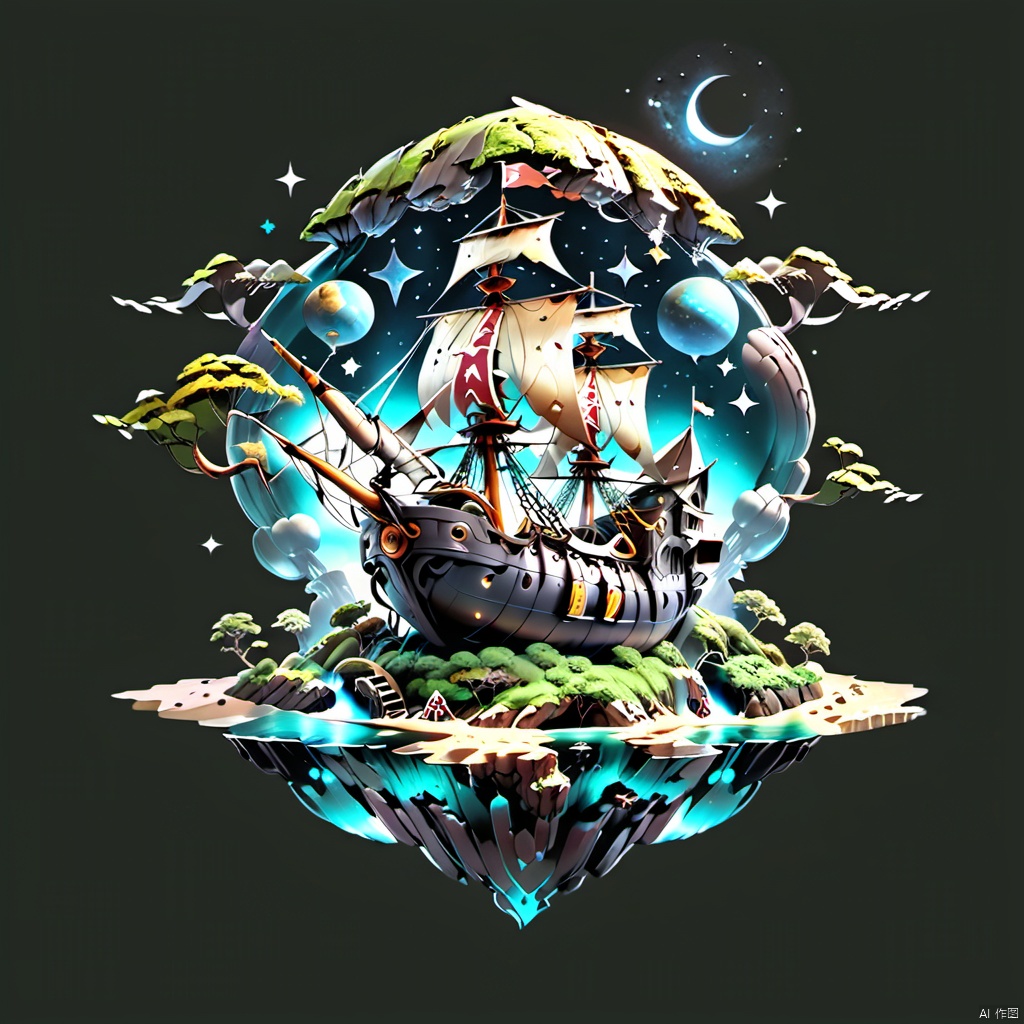(Fantasy Micro Architecture Island) Kunpeng carrying island across stars and sea fantasy style, monochrome background