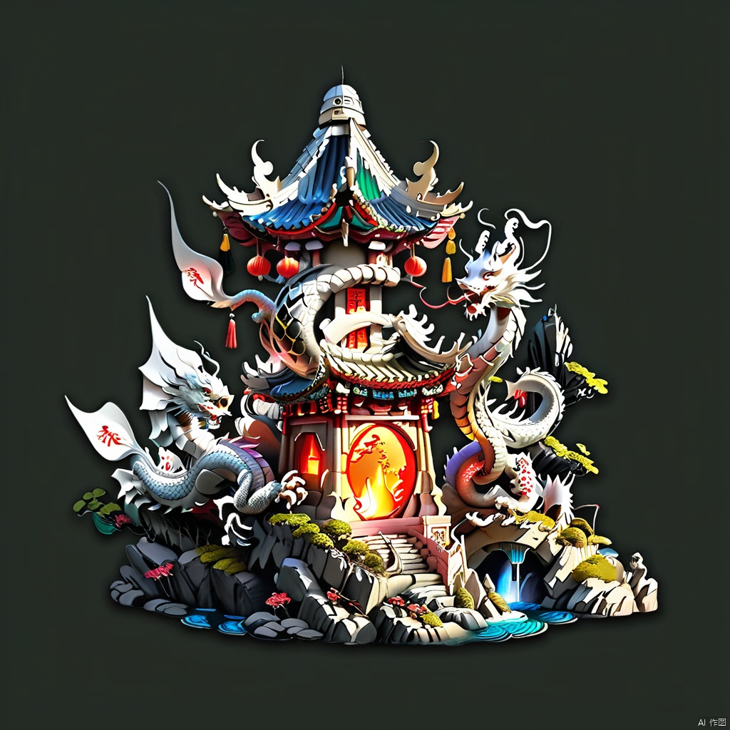 (Monochrome Background: 1.5) (Fantasy Architecture: 1.5) The theme of the Year of the Dragon celebration permeates the corner of the tiny architectural island, a miniature Chinese wonderland. The tiny building seems to be a fairy temple, with shimmering light shining on it, presenting a unique atmosphere for the Year of the Dragon celebration