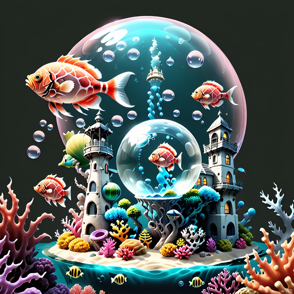 (Fantasy Micro Architecture Island) Underwater Coral (Venus Bubble: 1.3) and Alien Fish, Ocean Bubble Effect, Monochrome Background