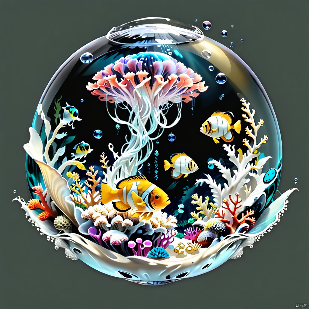 (black and white background: 1.5) (fantasy micro architecture: 1.5) undersea coral (venus bubble: 1.3) and alien fish, ocean bubble effect