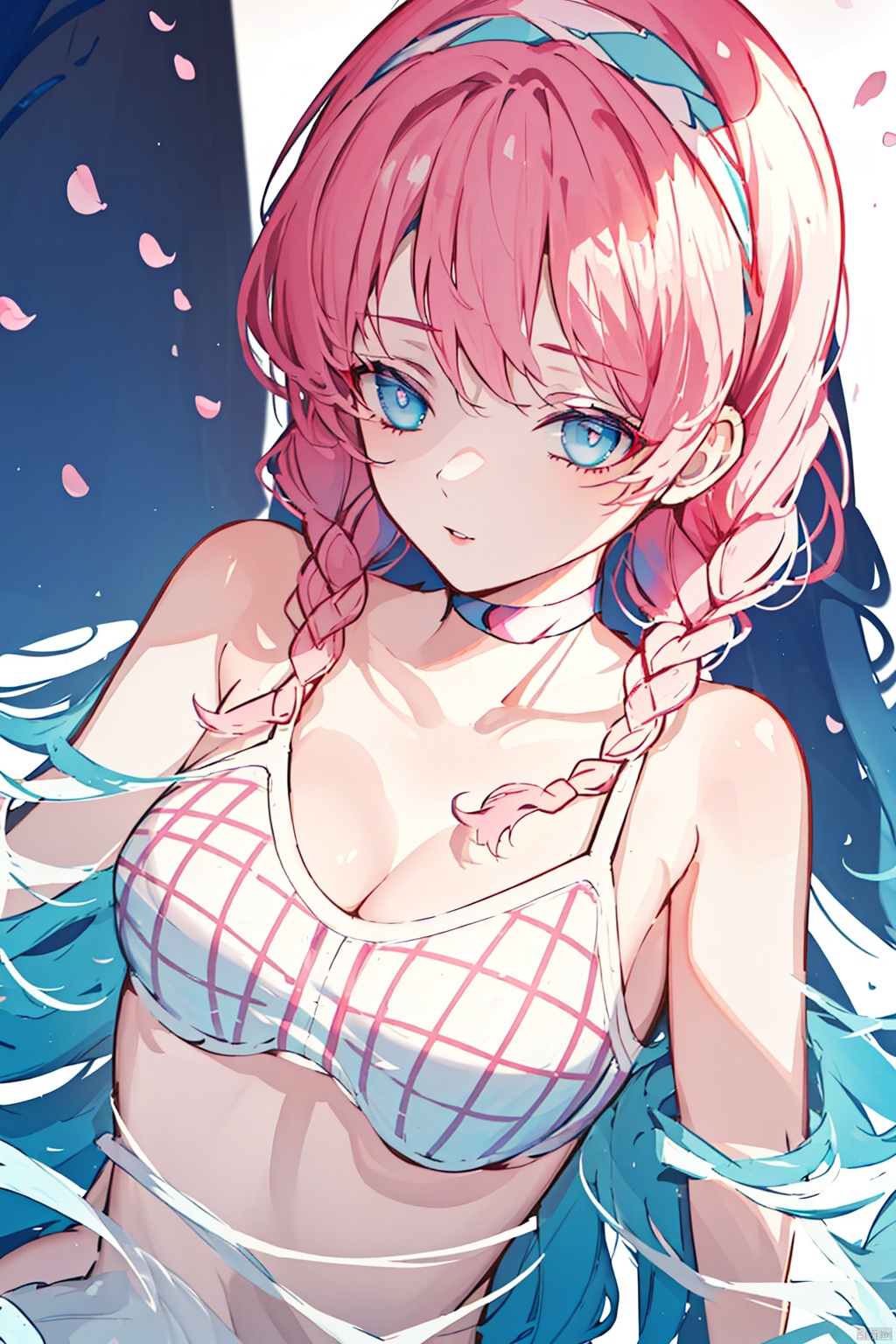  (masterpiece, extremely detailed 8k wallpaper,best quality), (best illumination, best shadow, extremely delicate and beautiful), finely detail, Depth of field (bloom), 1girl, solo, blue_poison, long_hair, pink_hair, twin_braids, blue_eyes, hairband, pink_choker,  school_swimsuits, 2qhuafeng, 