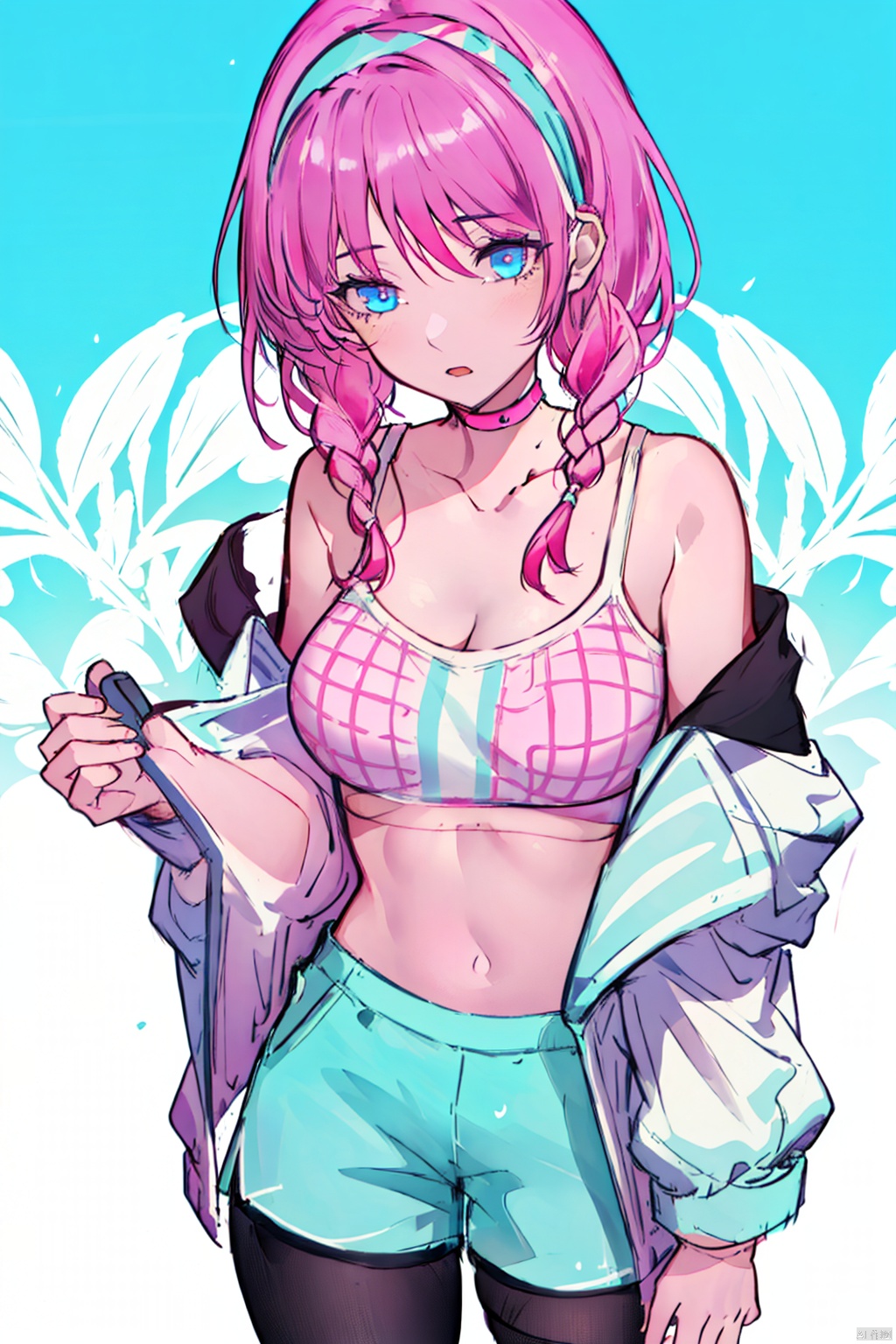  (masterpiece, extremely detailed 8k wallpaper,best quality), (best illumination, best shadow, extremely delicate and beautiful), finely detail, Depth of field (bloom), 1girl, solo, blue_poison, long_hair, pink_hair, twin_braids, blue_eyes, hairband, pink_choker, sports_bra, spaghetti_strap, cleavage, collarbone, open_jacket, bare_shoulders, crop_top, navel, short_shorts, legwear_under_shorts, jy, sketch style