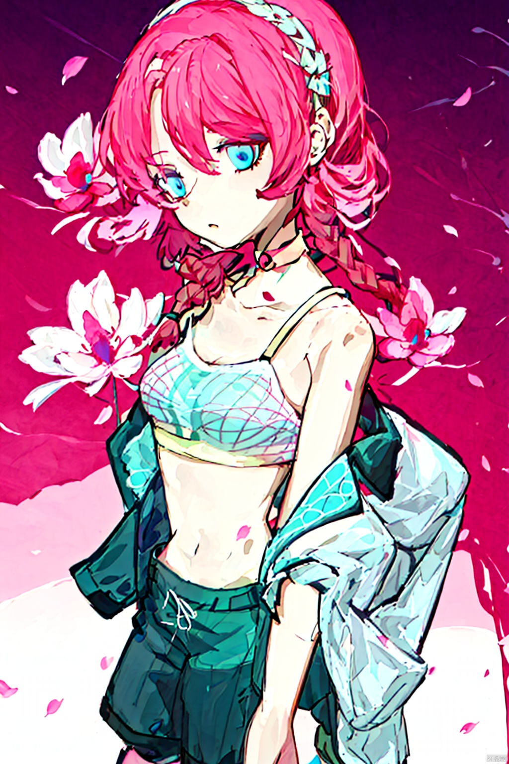  (masterpiece, extremely detailed 8k wallpaper,best quality), (best illumination, best shadow, extremely delicate and beautiful), finely detail, Depth of field (bloom), 1girl, solo, blue_poison, long_hair, pink_hair, twin_braids, blue_eyes, hairband, pink_choker, sports_bra, spaghetti_strap, cleavage, collarbone, jacket, open_jacket, off_shoulders, bare_shoulders, crop_top, navel, short_shorts, legwear_under_shorts, jy, Anime, white_skin, 2qhuafeng