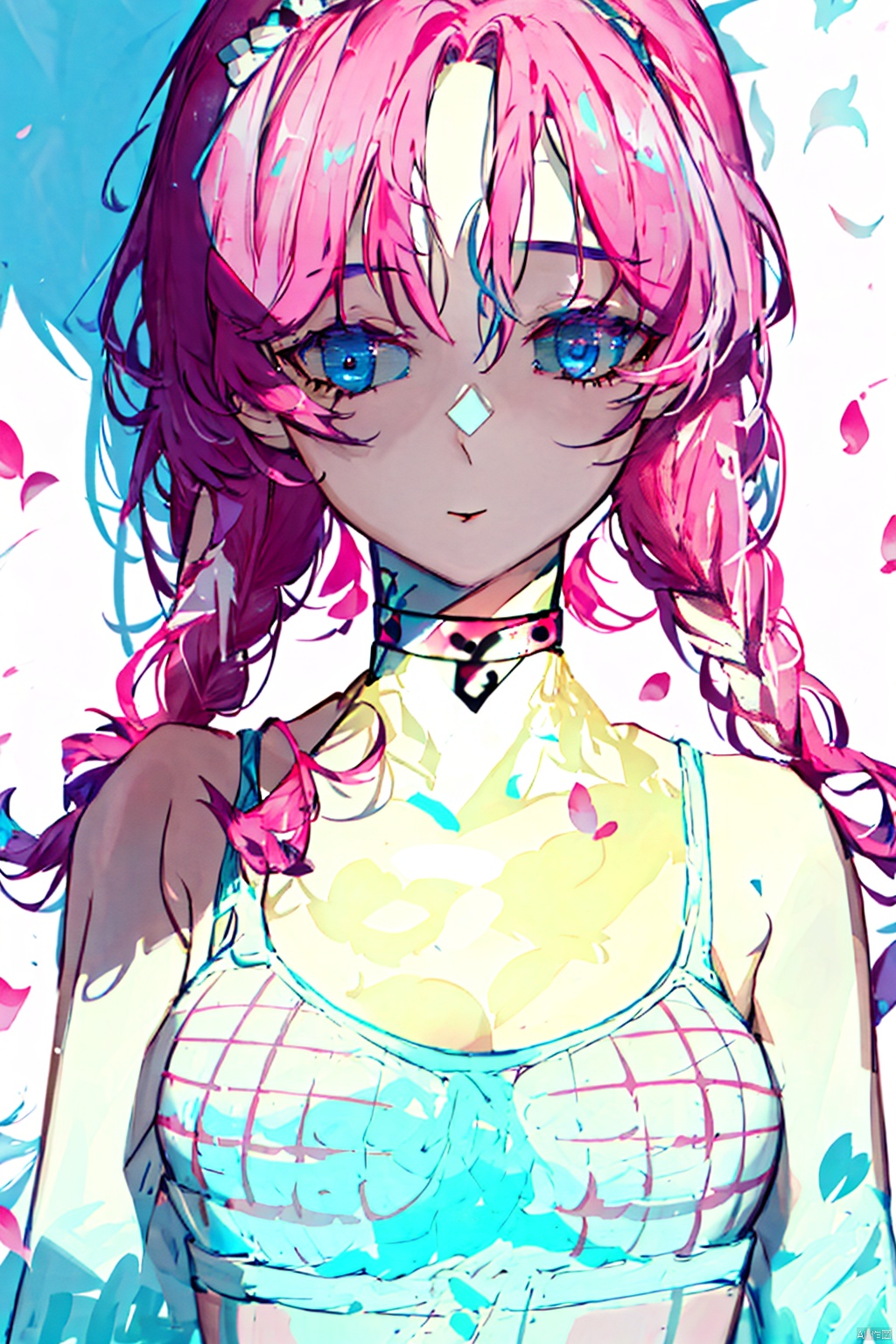  (masterpiece, extremely detailed 8k wallpaper,best quality), (best illumination, best shadow, extremely delicate and beautiful), finely detail, Depth of field (bloom), 1girl, solo, blue_poison, long_hair, pink_hair, twin_braids, blue_eyes, hairband, pink_choker,  school_swimsuits, 2qhuafeng, 