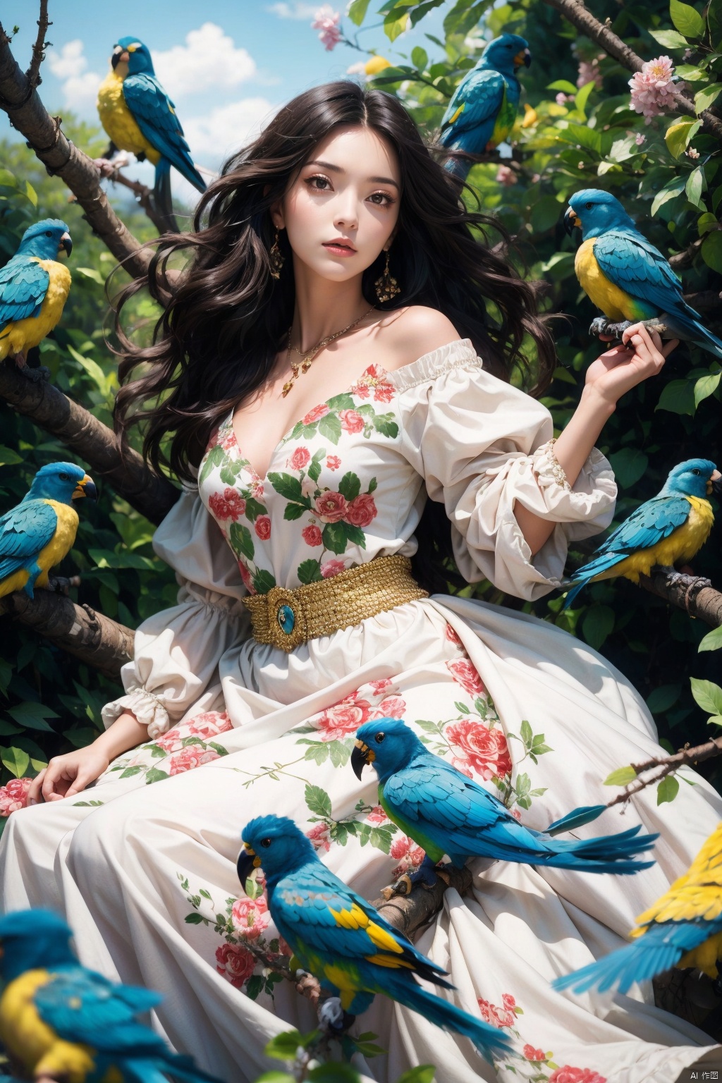 (Masterpiece, best quality, high-resolution: 1.2),1 girl (surrounded by parrots), necklace, black hair, black long hair, flowers, branches, solo, long hair, feathered dress, floating feathers, black feathers, brown hair, parrots, foreground blocking, depth of field, looking at the audience, dynamic posture, realistic, rose,
