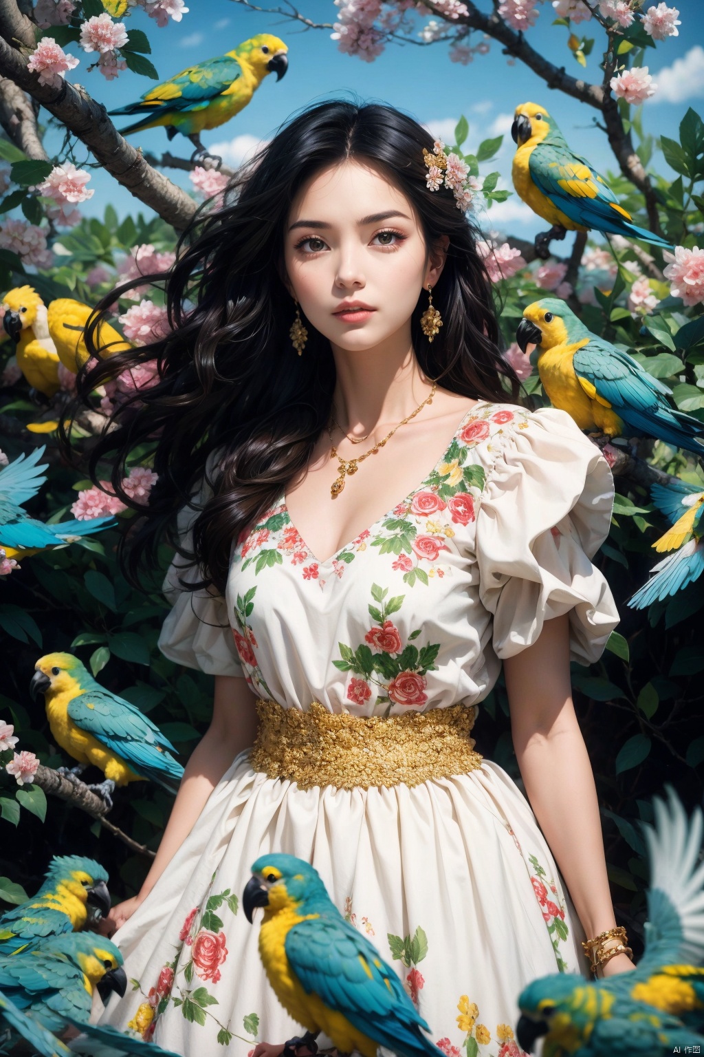(Masterpiece, best quality, high-resolution: 1.2),1 girl (surrounded by parrots), necklace, black hair, black long hair, flowers, branches, solo, long hair, feathered dress, floating feathers, black feathers, brown hair, parrots, foreground blocking, depth of field, looking at the audience, dynamic posture, realistic, rose,
