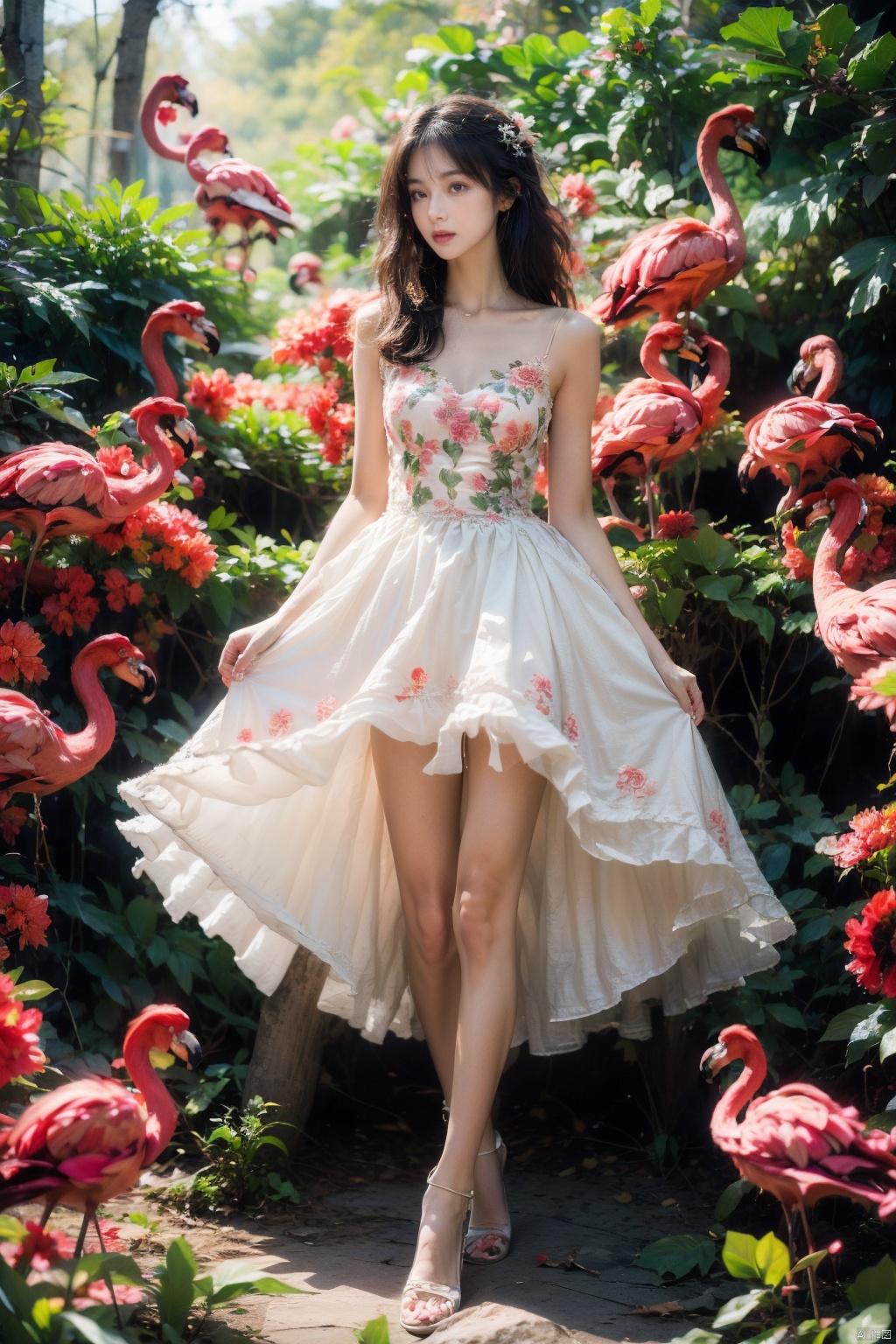  Surrealist photography, full body, (1 girl), long curly hair, embroidered dress, female focus, surrealist character, (flamingo), birds, roses, balloons, surrounded by birds, forest background, masterpiece, details, depth of field,FeiNiao, 1girl