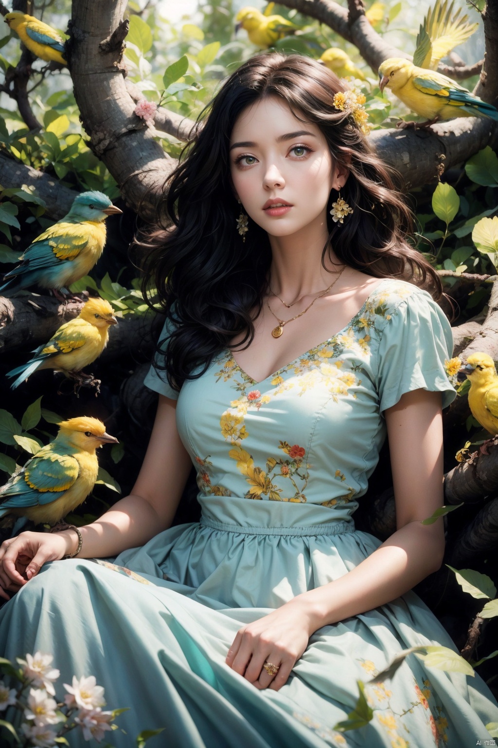  (Masterpiece, best quality, high-resolution: 1.2), (upper body), surrealist photography, 1 girl, light blue dress. Solo, (yellow bird), bird, necklace, black curly hair, flowing hair, flowers, forest background, many birds sleeping together, depth of field, watching the audience, female focus, retro, realistic characters, best quality, movie film

