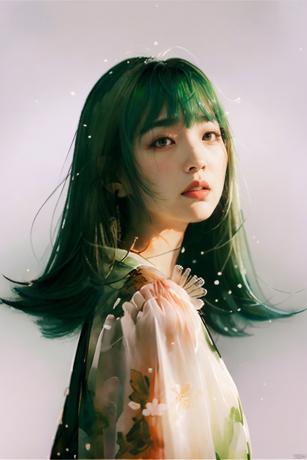 blunt bangs, masterpiece, best quality, best illustration, ultra-detailed, upper body, solo, 1 girl, looking at viewer, upright, arms at sides, beautiful detailed eyes, concept art, white background, simple background, white hair, green gradient hair, expressionless, blush, virtual youtuber, short hair,blonde hair, monkren, chinared