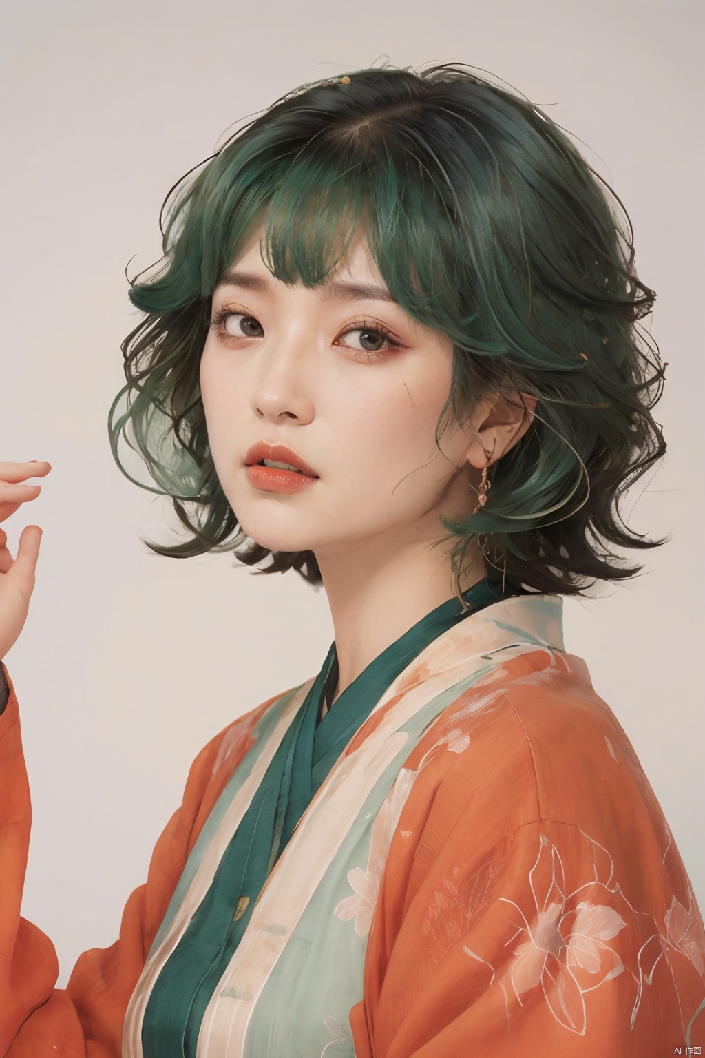  blunt bangs, masterpiece, best quality, best illustration, ultra-detailed, upper body, solo, 1 girl, looking at viewer, upright, arms at sides, beautiful detailed eyes, concept art, white background, simple background, white hair, green gradient hair, expressionless, blush, virtual youtuber, short hair,blonde hair, monkren, chinared