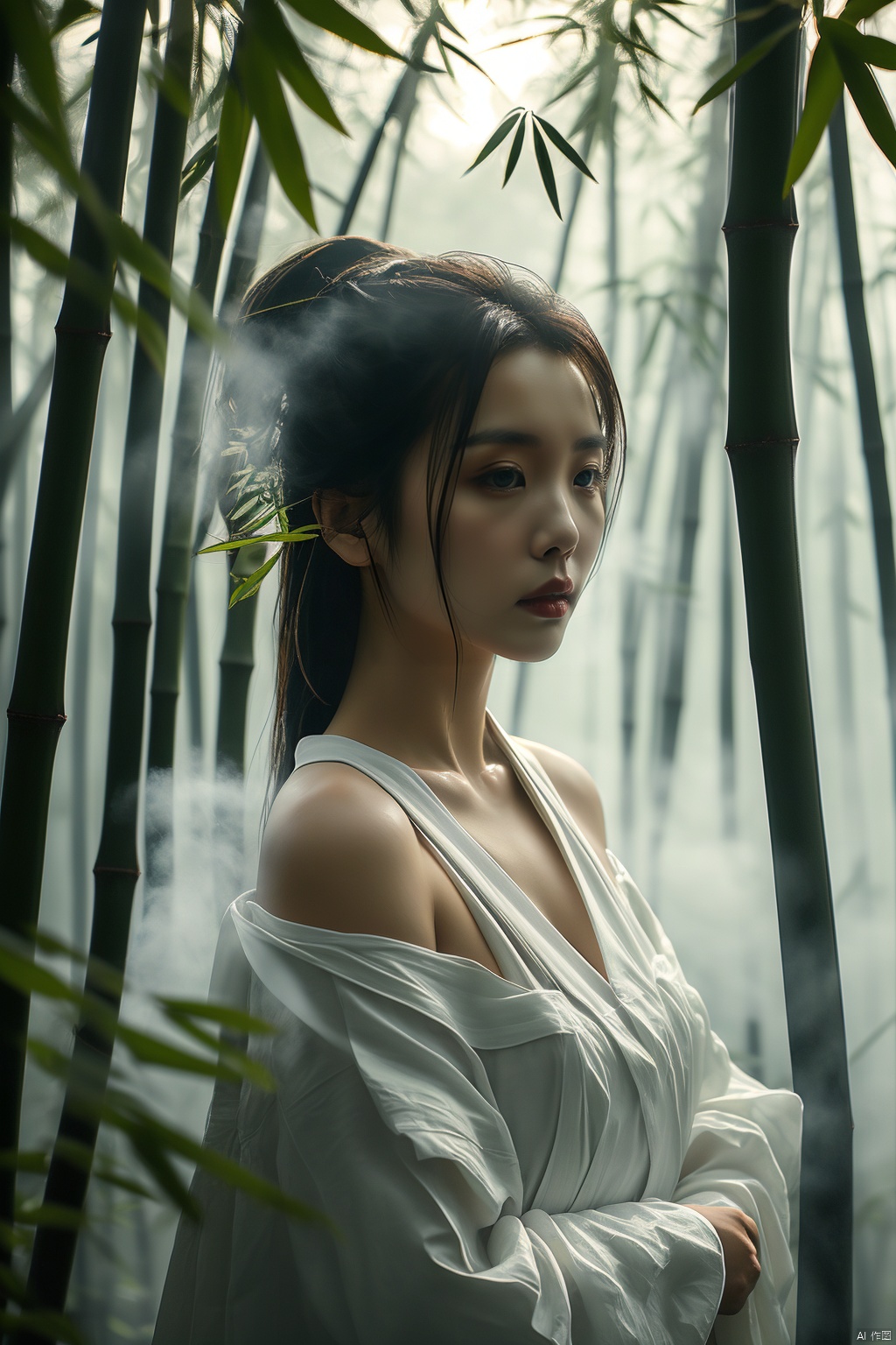  zhu,a girl,bamboo trees,long hair, fog in the air,Off Shoulder,The foreground is a blurry bamboo leaf,sideways 