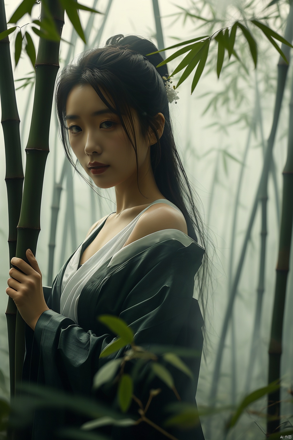  zhu,a girl,bamboo trees,long hair, fog in the air,Off Shoulder,The foreground is a blurry bamboo leaf,sideways 