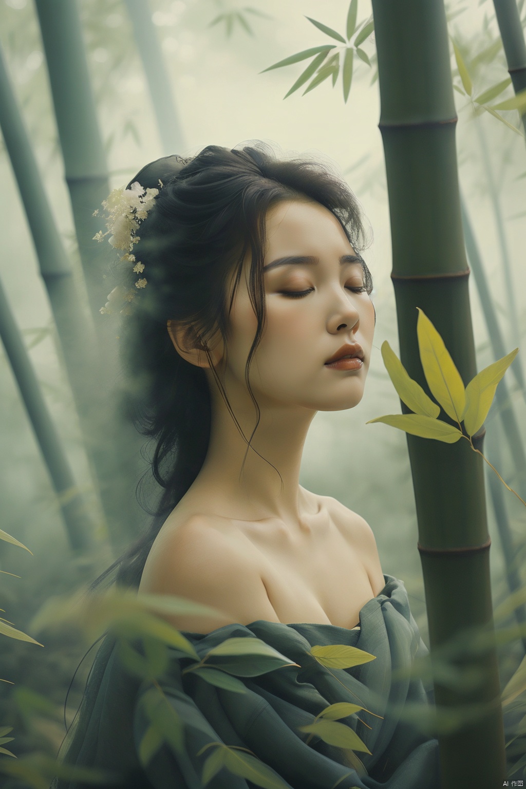  zhu,a girl,bamboo trees,long hair, fog in the air,close the eyes,sideways,Off Shoulder,The foreground is a blurry bamboo leaf,sideways , Detail