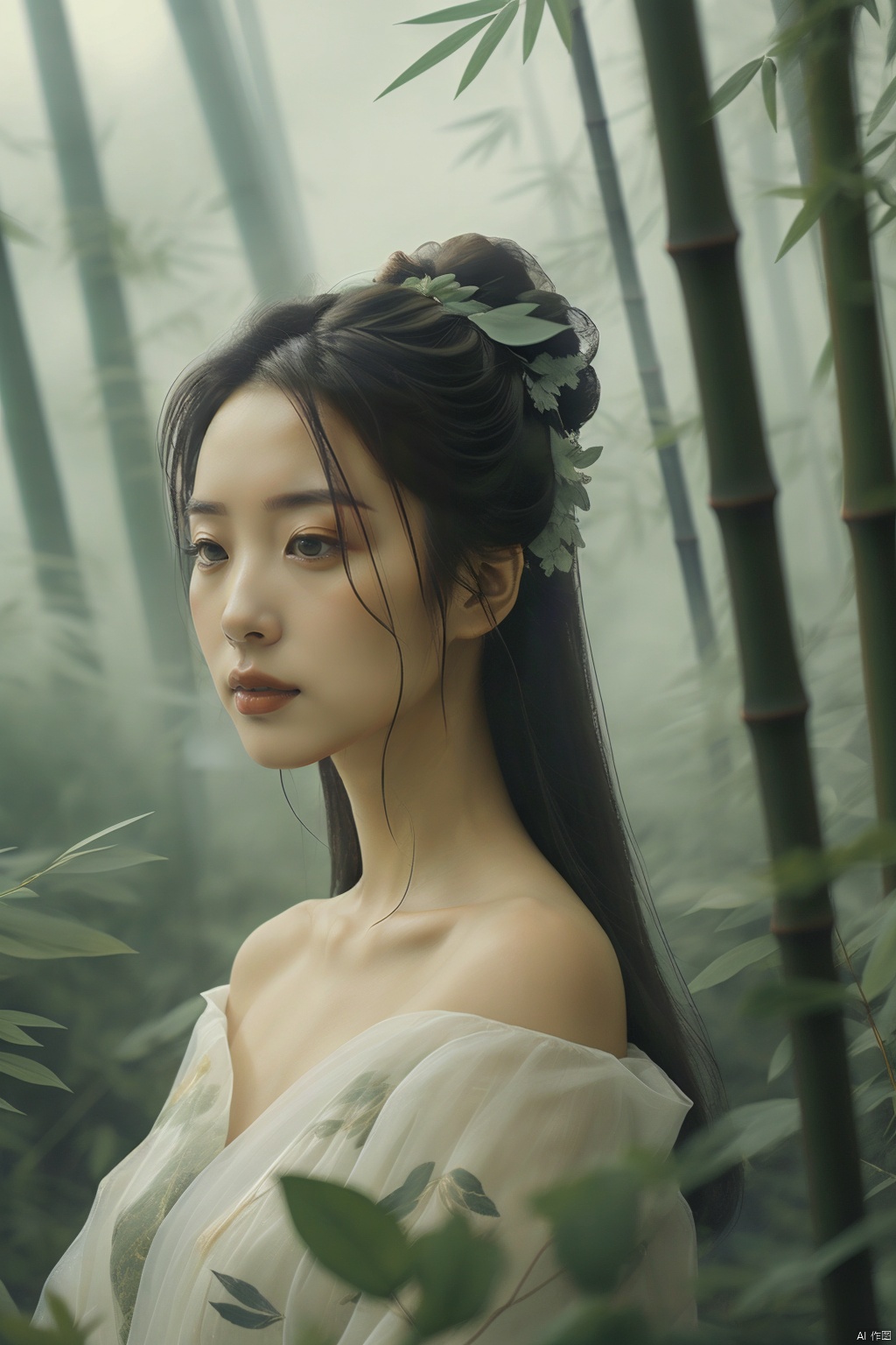  zhu,a girl,bamboo trees,long hair, fog in the air,Off Shoulder,The foreground is a blurry bamboo leaf,sideways , Detail