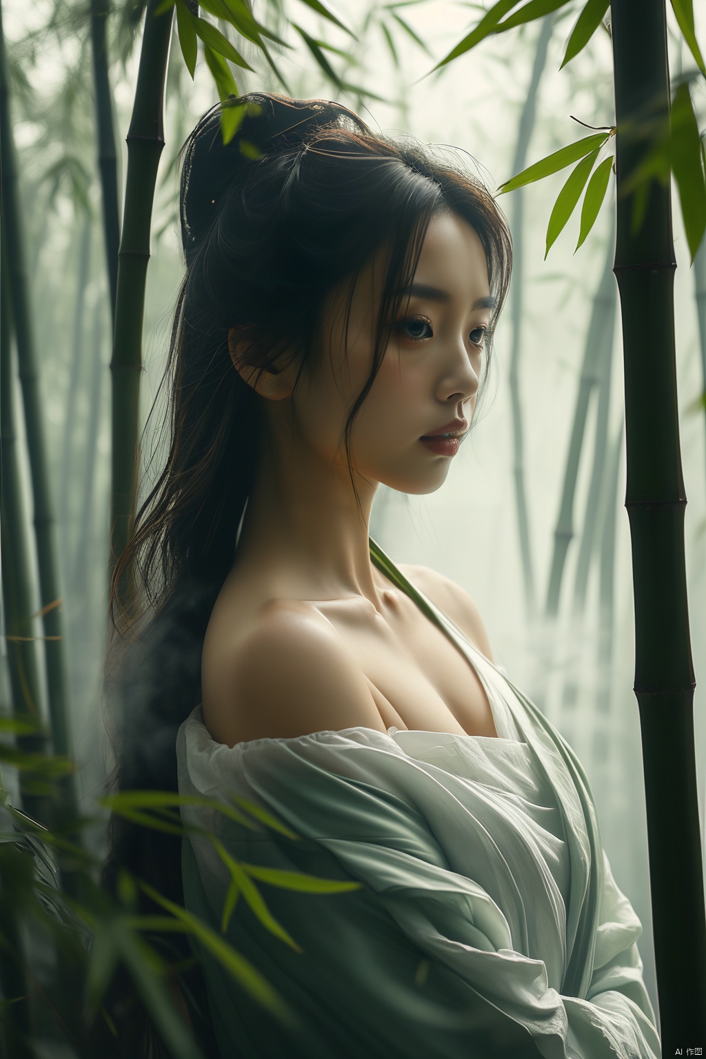  zhu,a girl,bamboo trees,long hair, fog in the air,Off Shoulder,The foreground is a blurry bamboo leaf,sideways 