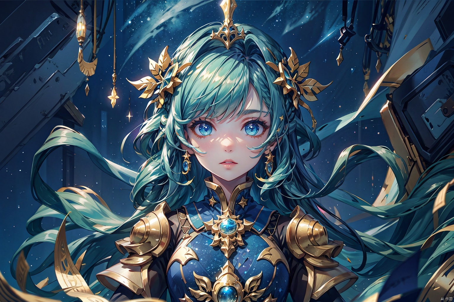 {{best quality}},  {{masterpiece}},  {{ultra-detailed}},  {illustration},  {detailed light},  {an extremely delicate and beautiful},  a girl,  {beautiful detailed eyes},  stars in the eyes,  messy floating hair,  colored inner hair,  Starry sky adorns hair,  depth of field,  1girl, moyou,